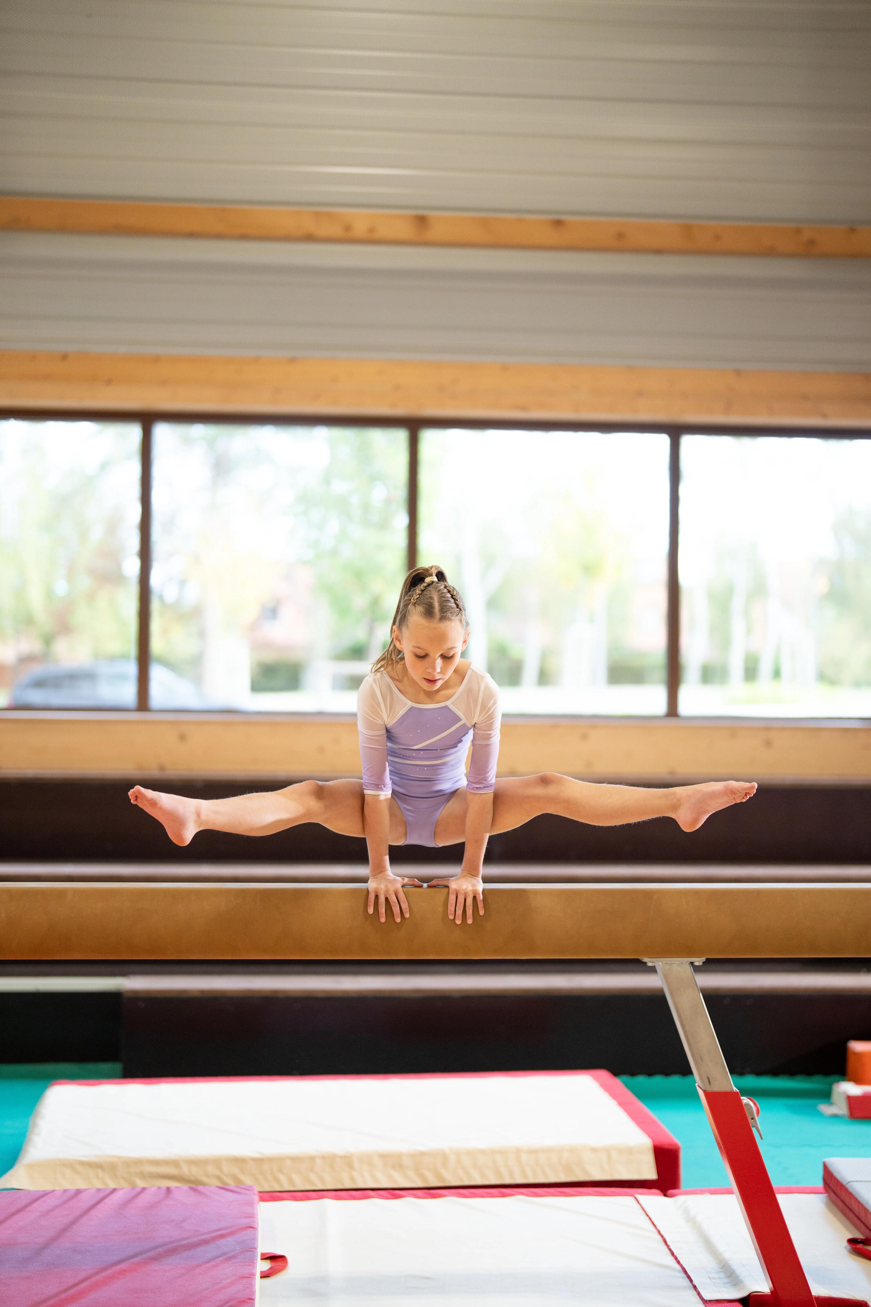 Body de gimnastică, mâneci trei sferturi, paiete cu ștrasuri Mov Fete 12/19