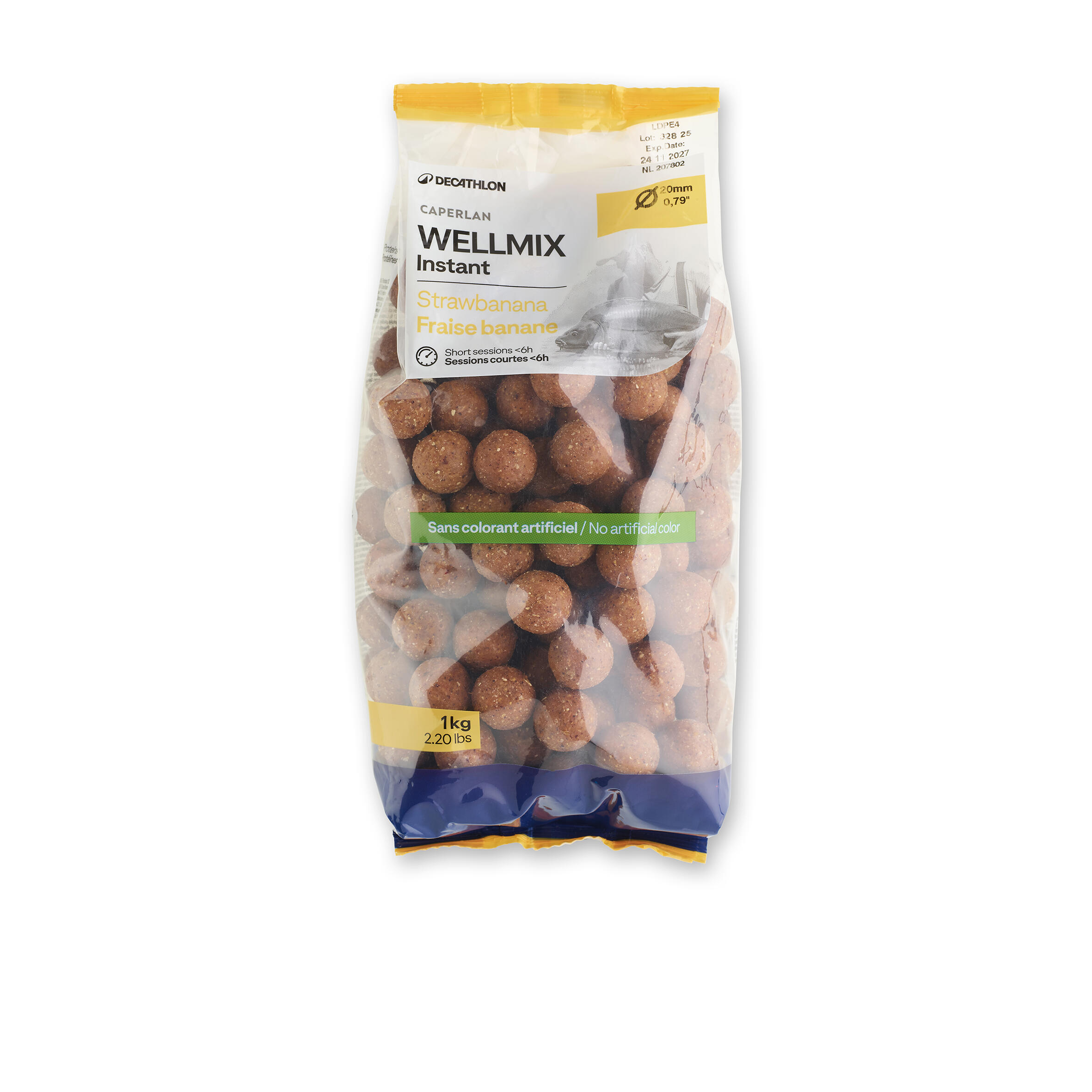 Eine 10kg Packung Boilies von Caperlan auf grauem Hintergrund