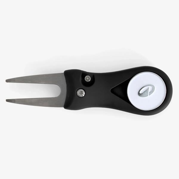 Black folding divot repair tool with a ball marker