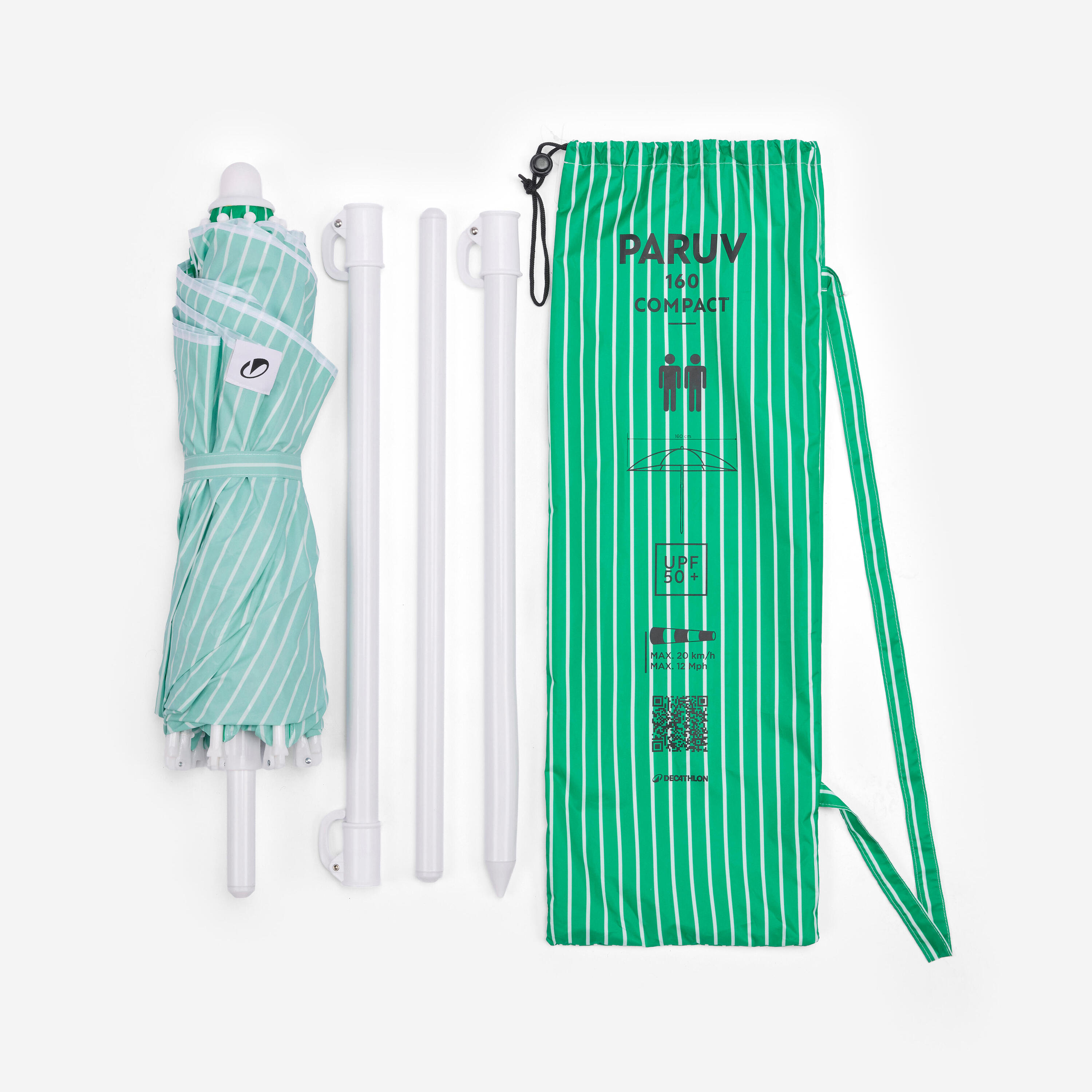 Parasol de plage anti-uv compact 2 places, PARUV stripes vert 2/9