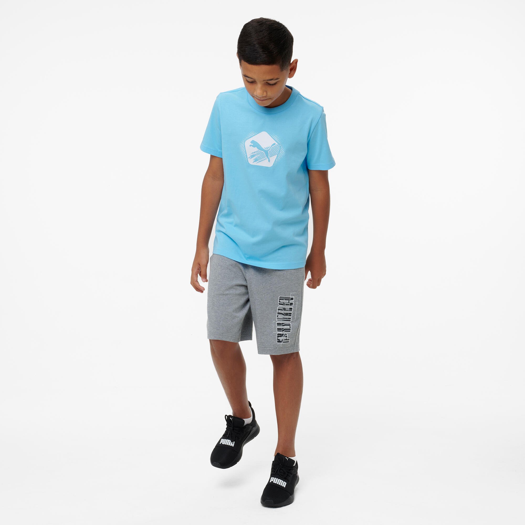 T-shirt Puma bambino ginnastica regular fit cotone celeste stampata 7/7