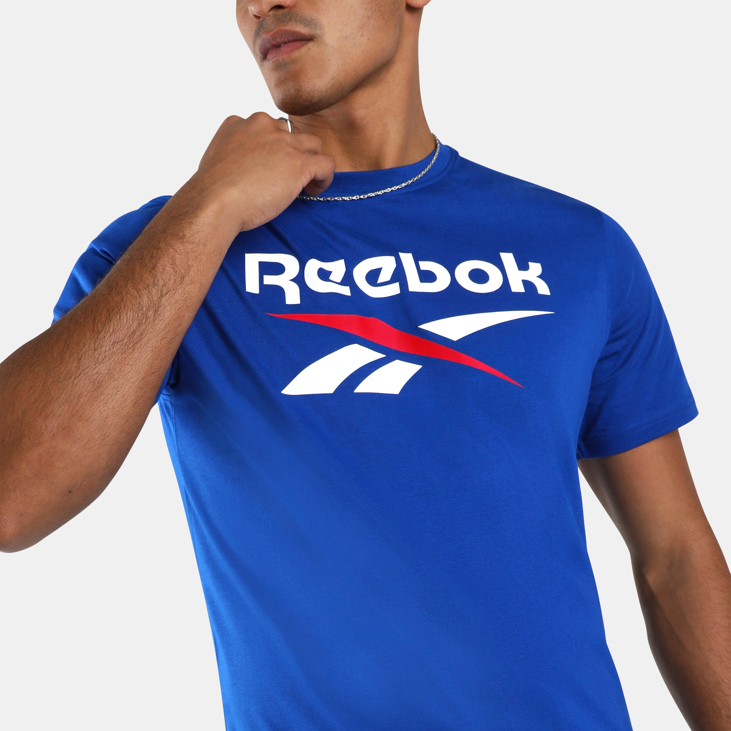 T-shirt Reebok uomo palestra regular fit cotone azzurra con logo 4/4