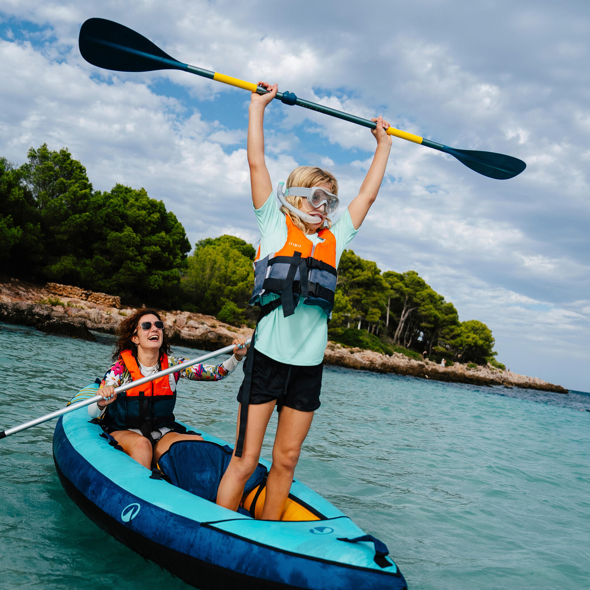Mái chèo thuyền kayak trẻ em 2 khúc - 100 xanh dương/cam