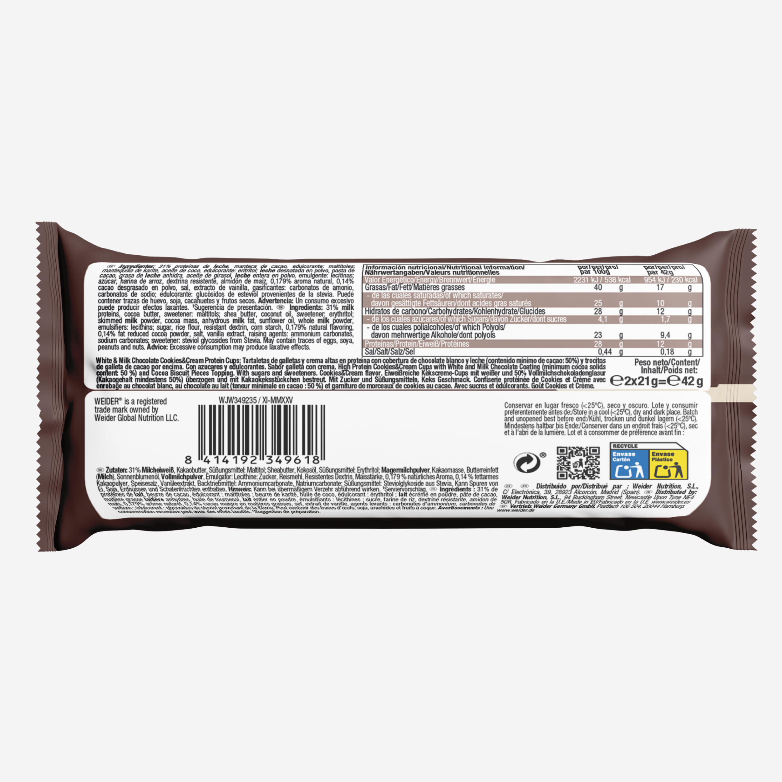 Coupelles protéinées cookie & cream enrobées chocolat au lait, 2x21g 3/4