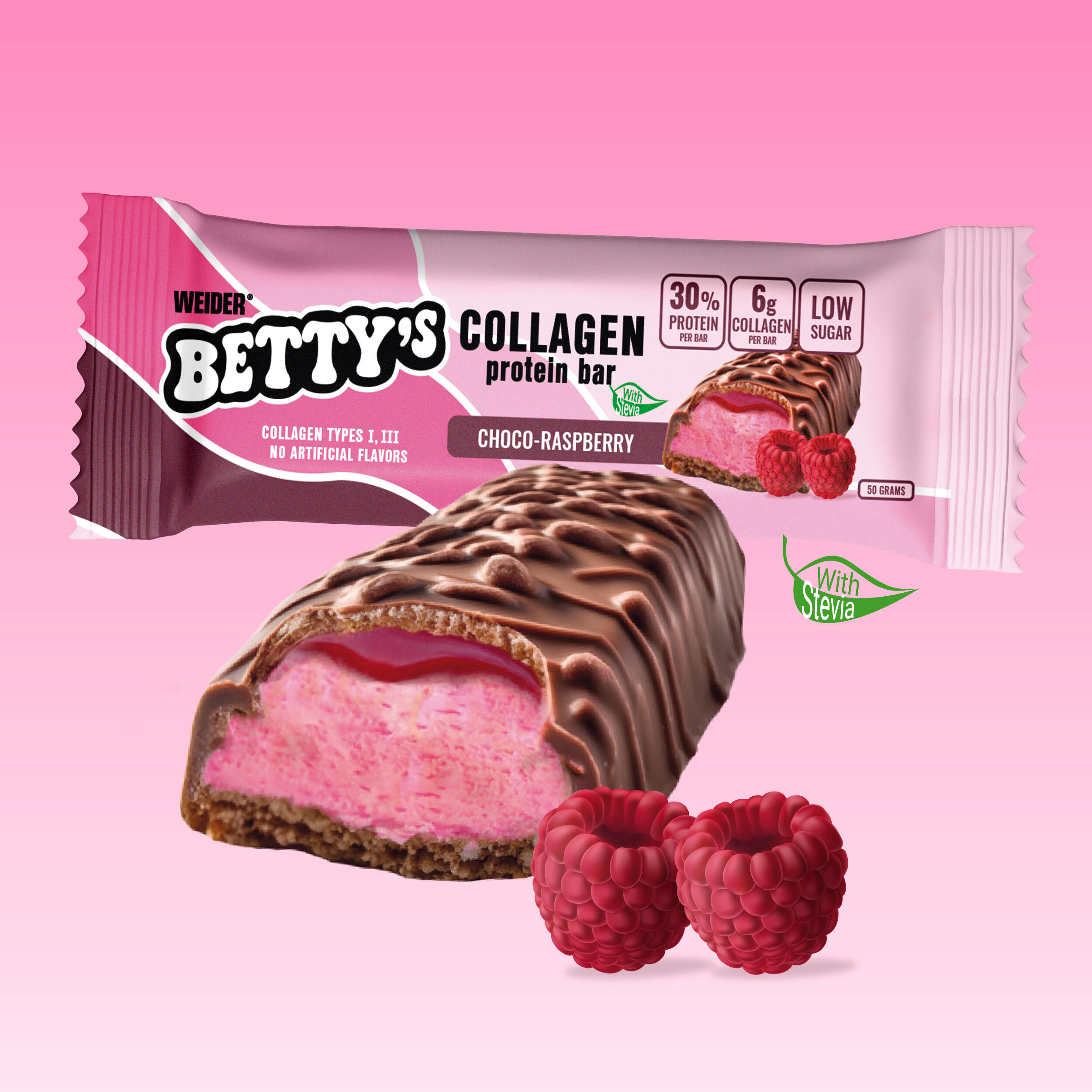 Barre protéinée avec collagène framboise chocolat, Bettys Collagen x1 2/4