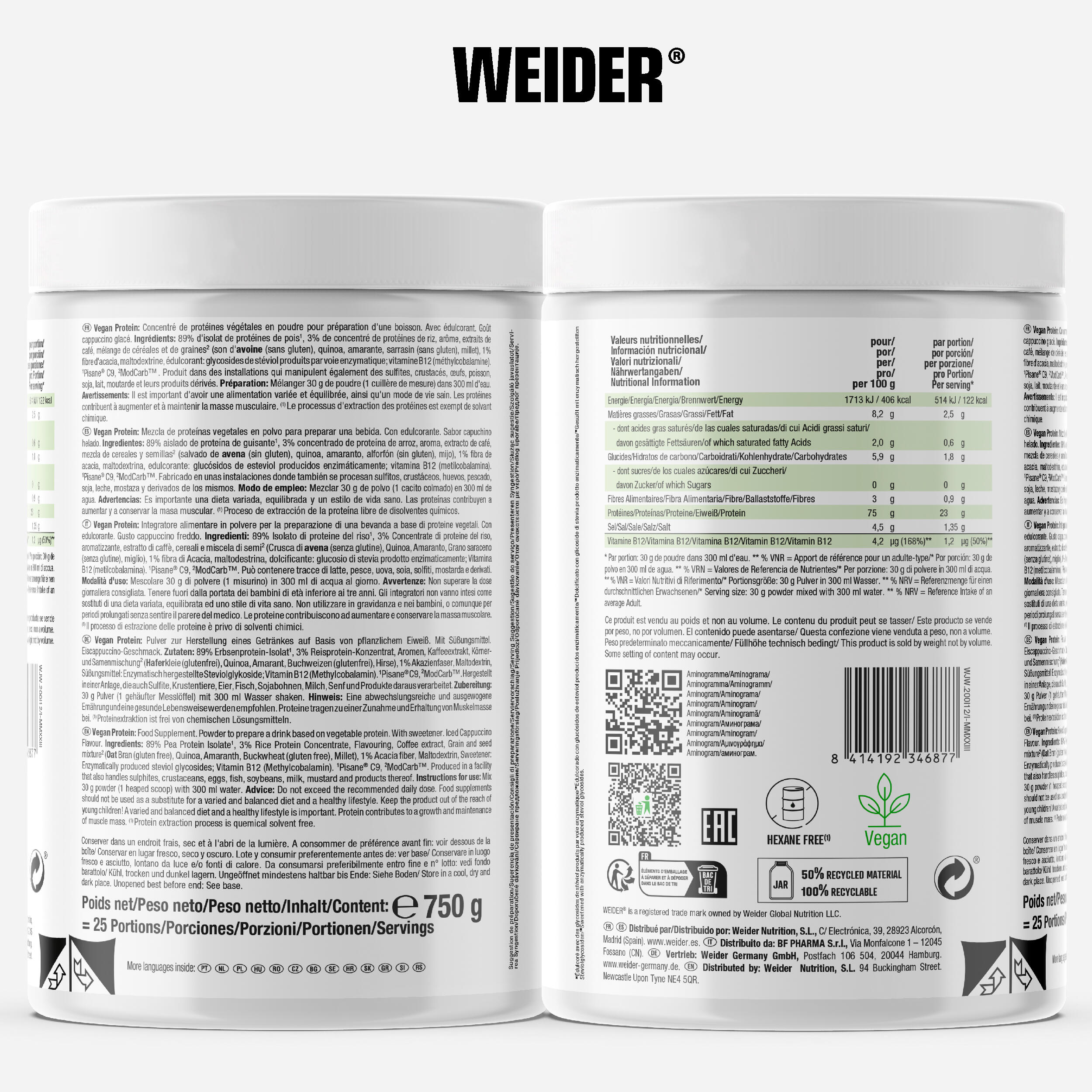 Proteina ​​vegetale in polvere, gusto cappuccino, 750 g 3/4