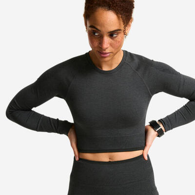 Crop top dames krachttraining lange mouwen grijs/zwart