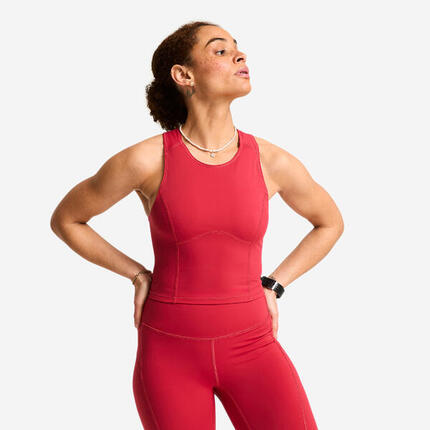 Débardeur de sport court galbant femme, rouge foncé