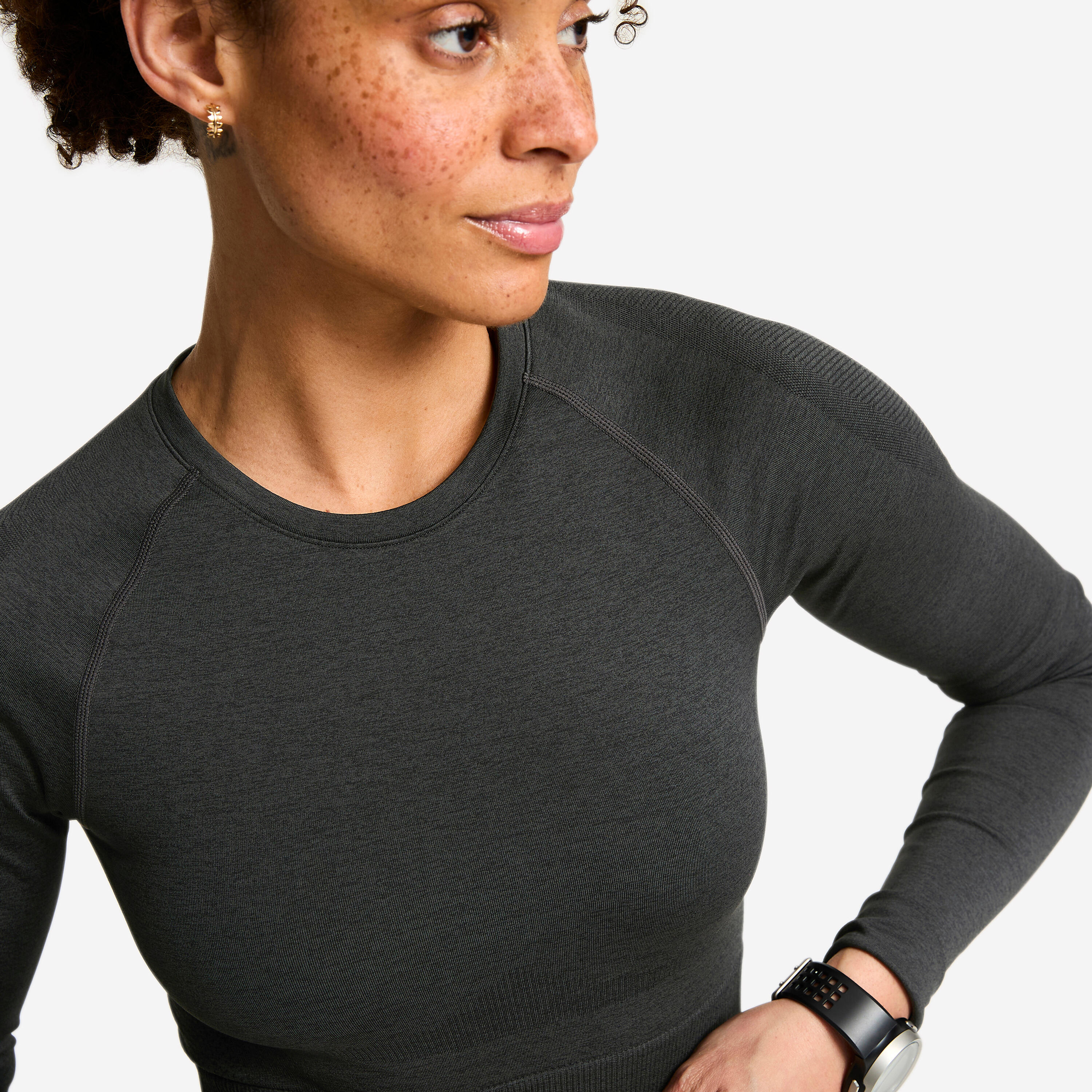 Langarm-Bodybuilding-Crop-Top, Damen, Grau Schwarz 5/8