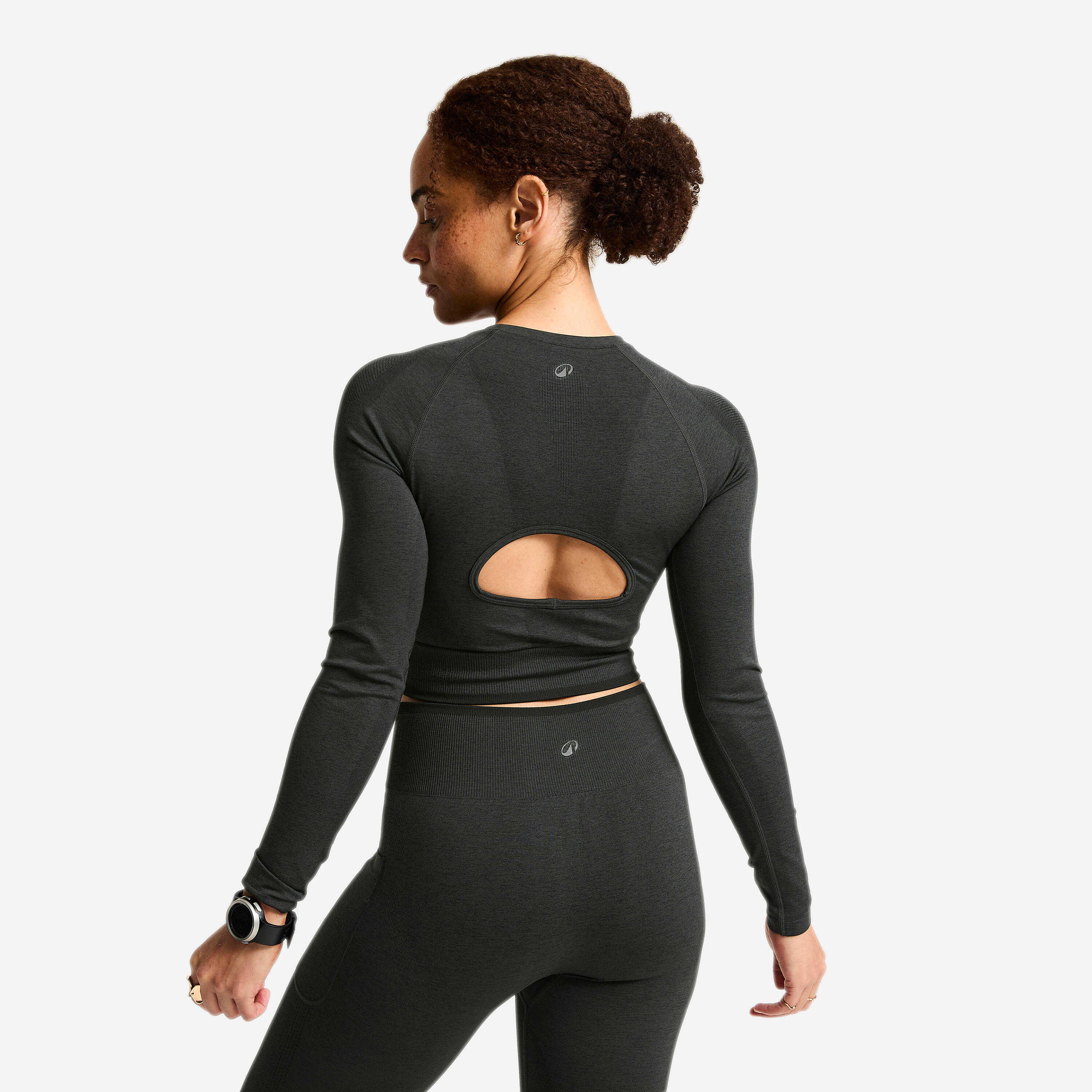 Langarm-Bodybuilding-Crop-Top, Damen, Grau Schwarz 2/8