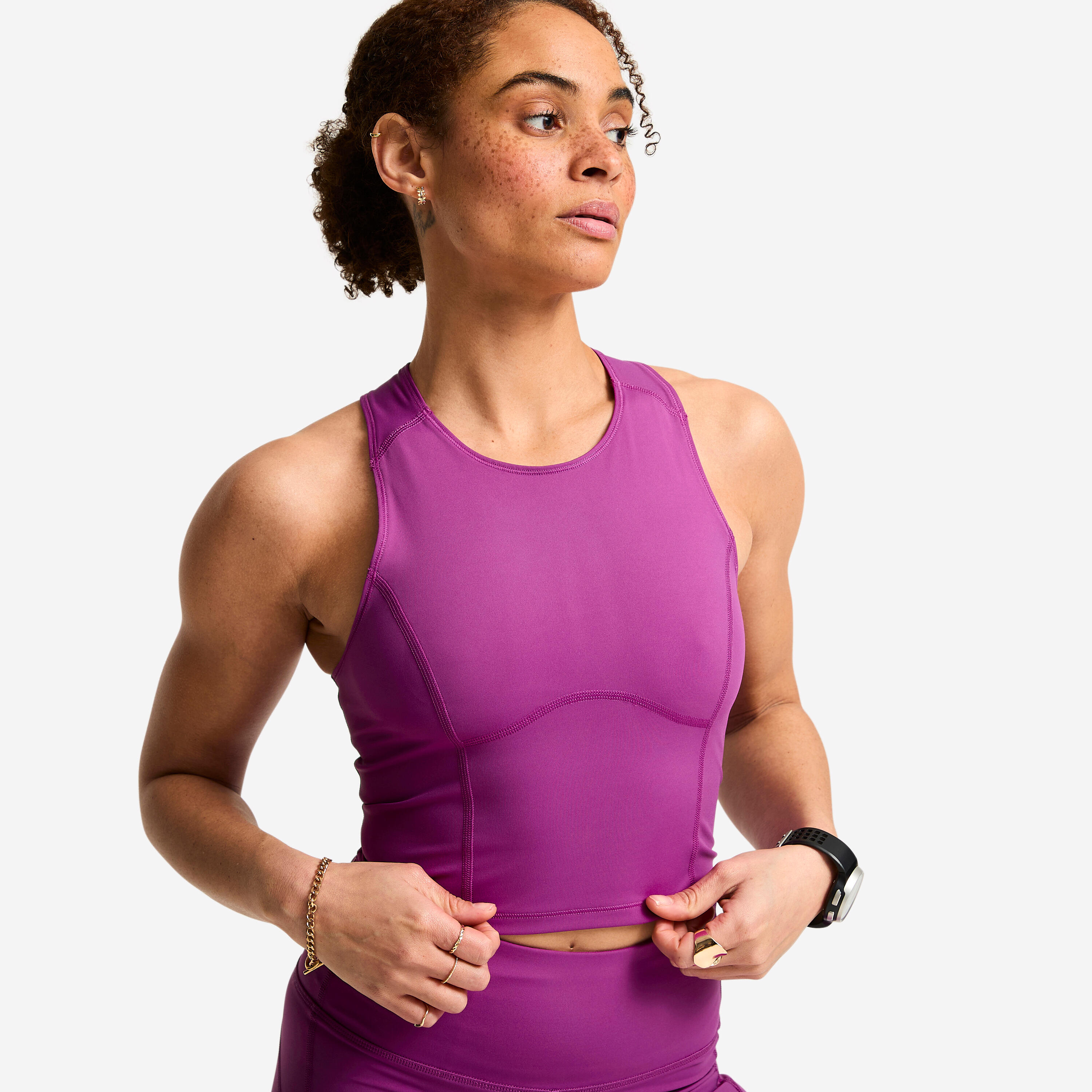 Débardeur de sport court galbant femme, violet foncé
