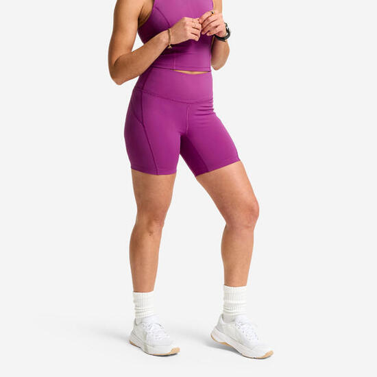 Short de sport taille haute mi-cuisses femme, violet foncé