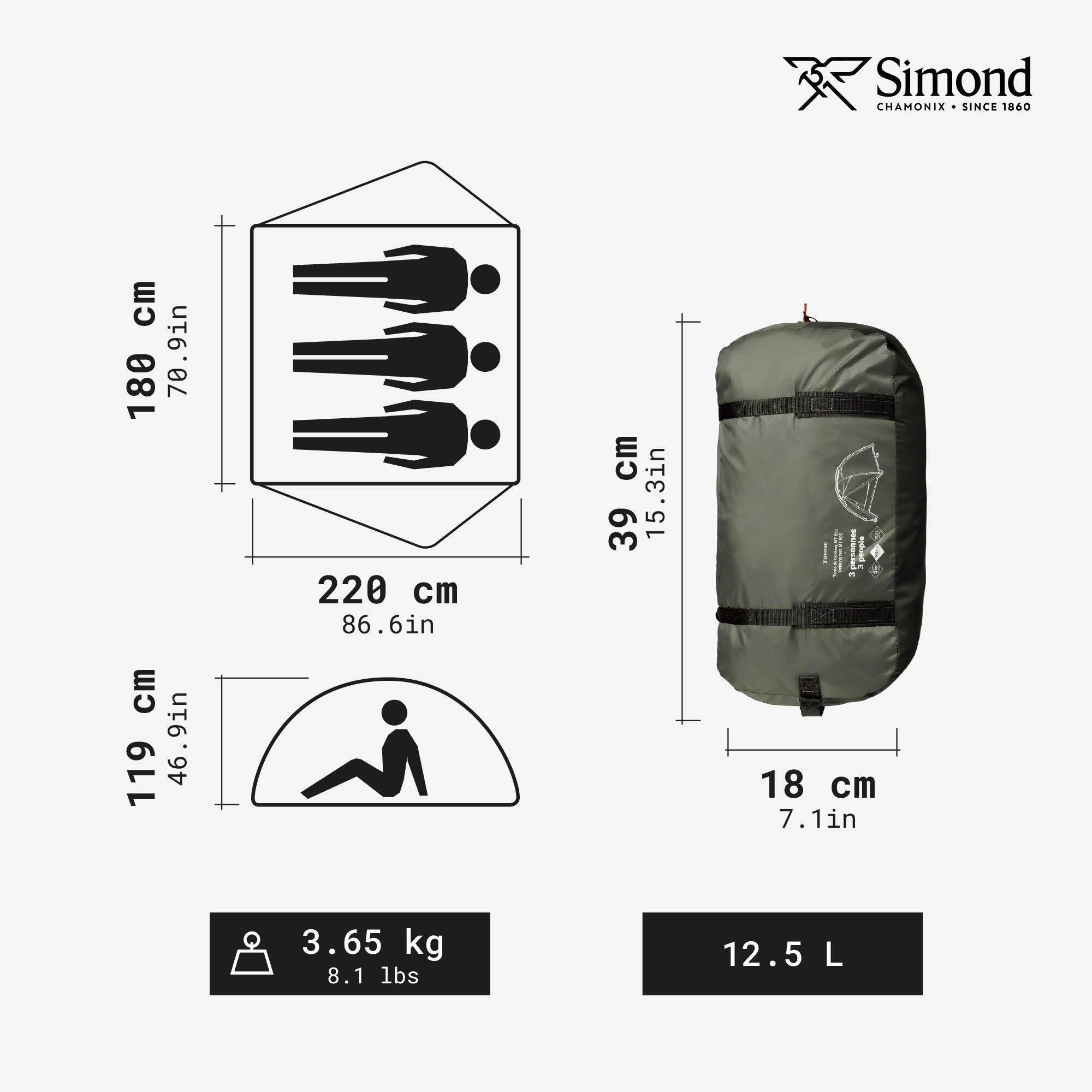 Camping Dome Tent 3-Person, MT 500 - SIMOND