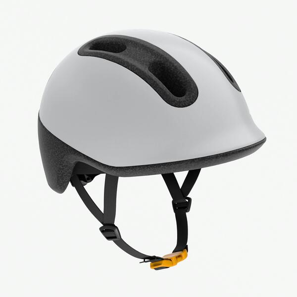 Light grey children's bike helmet with an adjustable strap