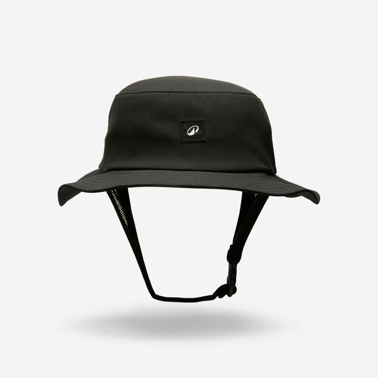 Black surf hat with chin strap, alternate angle