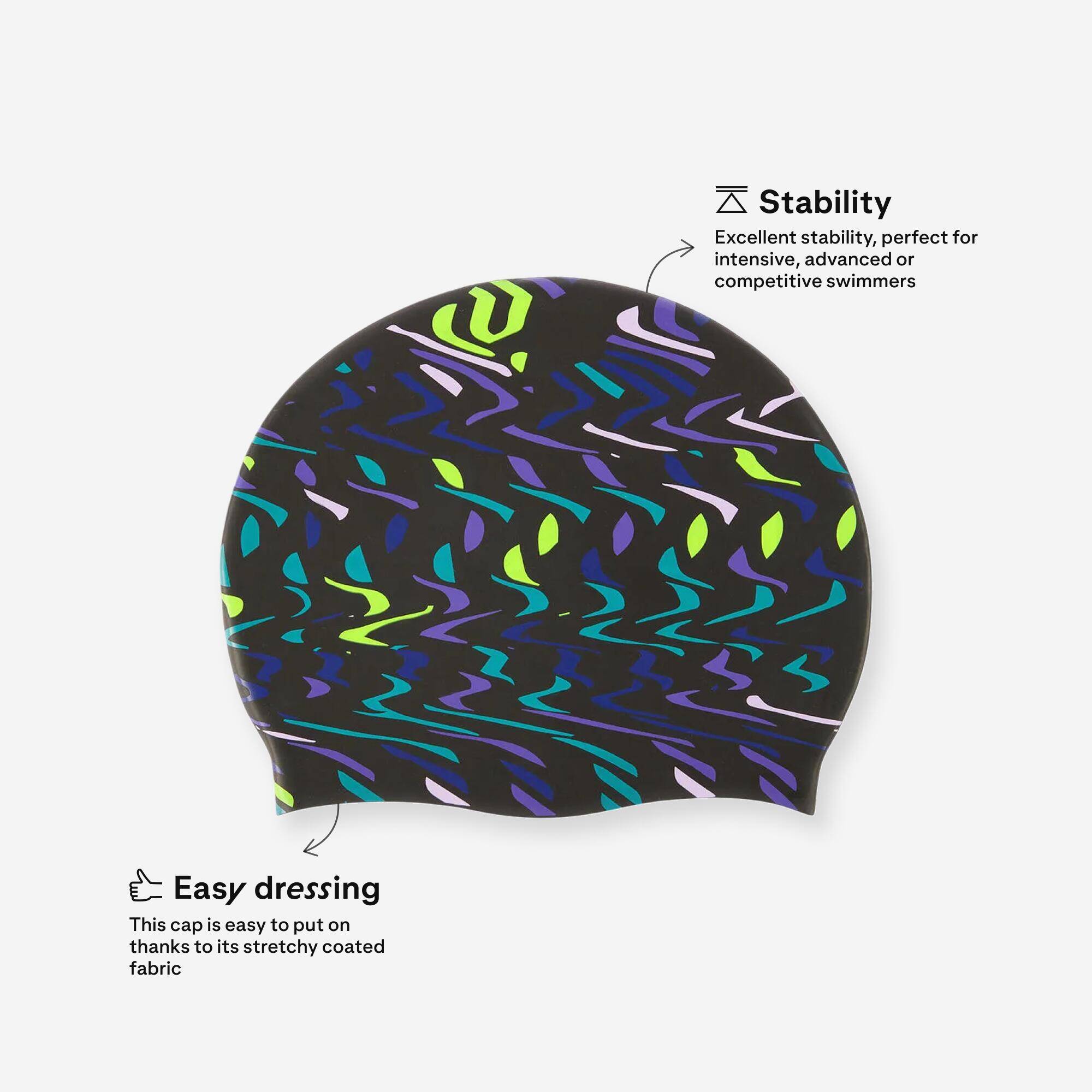 Silicone Swim Cap for Kids & Adults One Size (50-64 cm)Printed - Black -  2
