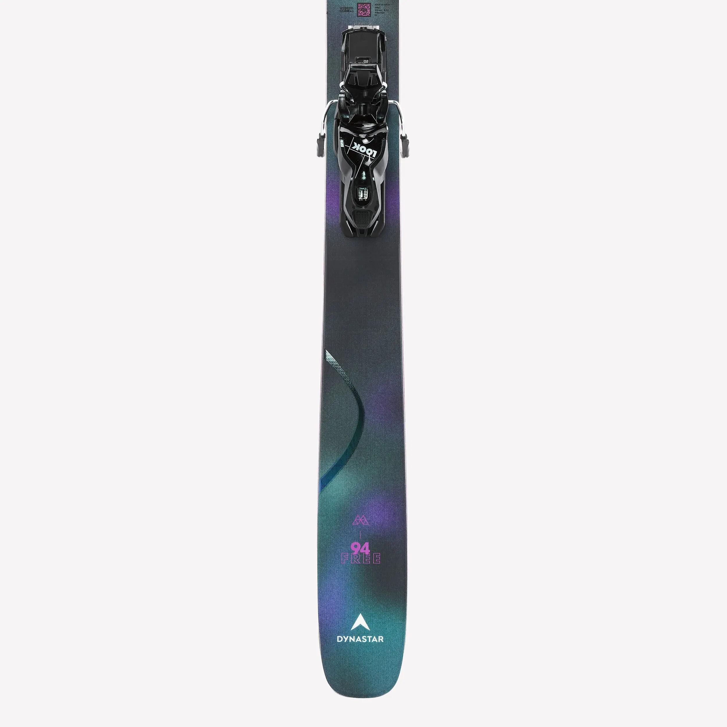 Ski Freeride com fixações para adulto, M-FREE 94 preto e violeta 8/9