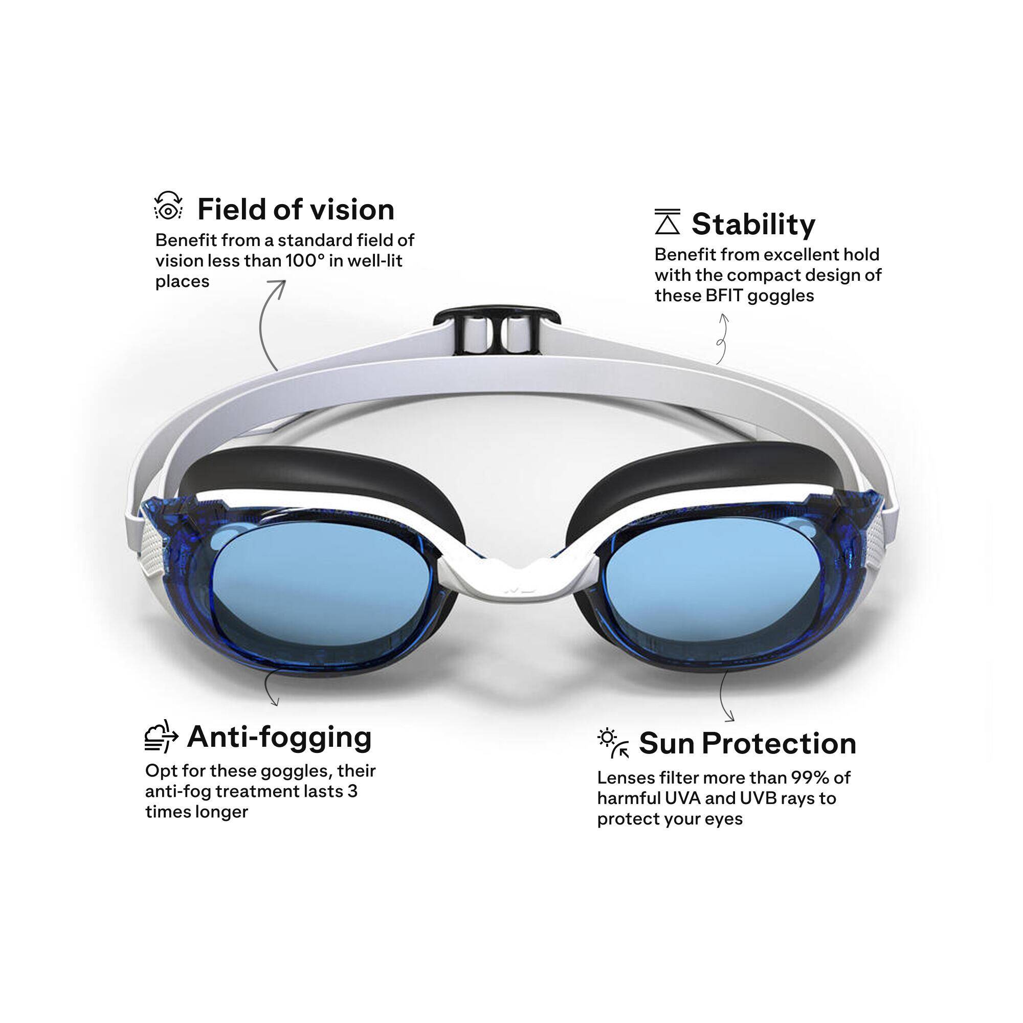 Swimming goggles One Size Fits All - Bfit white tinted blue - New anti-fog -  3