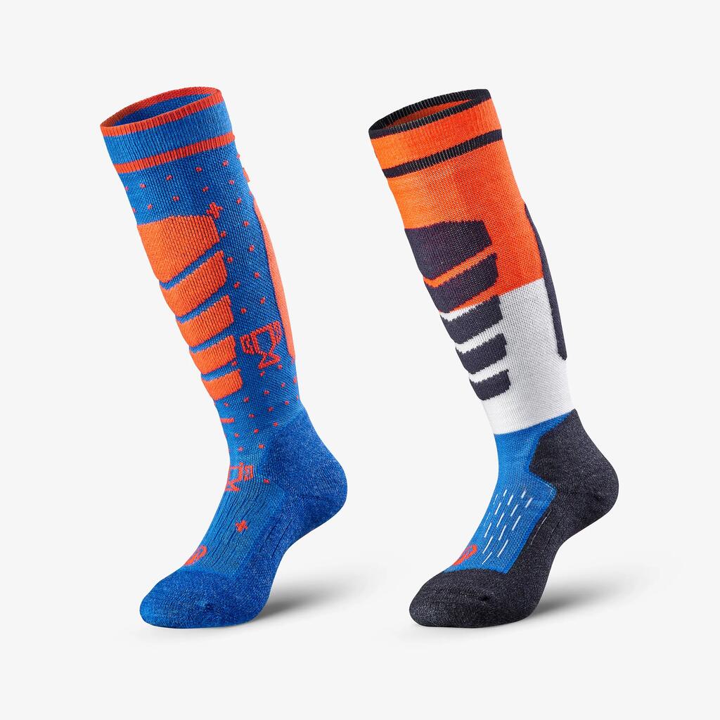 Kids’ warm thermal ski socks, pack of 2 pairs 500, Blue and Orange