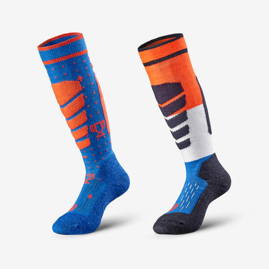 Chaussettes thermiques ski chaudes enfant par lot de 2 paires 500 bleu et orange