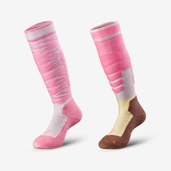 Chaussettes thermiques ski chaudes enfant par lot de 2 paires 500 rose et violet