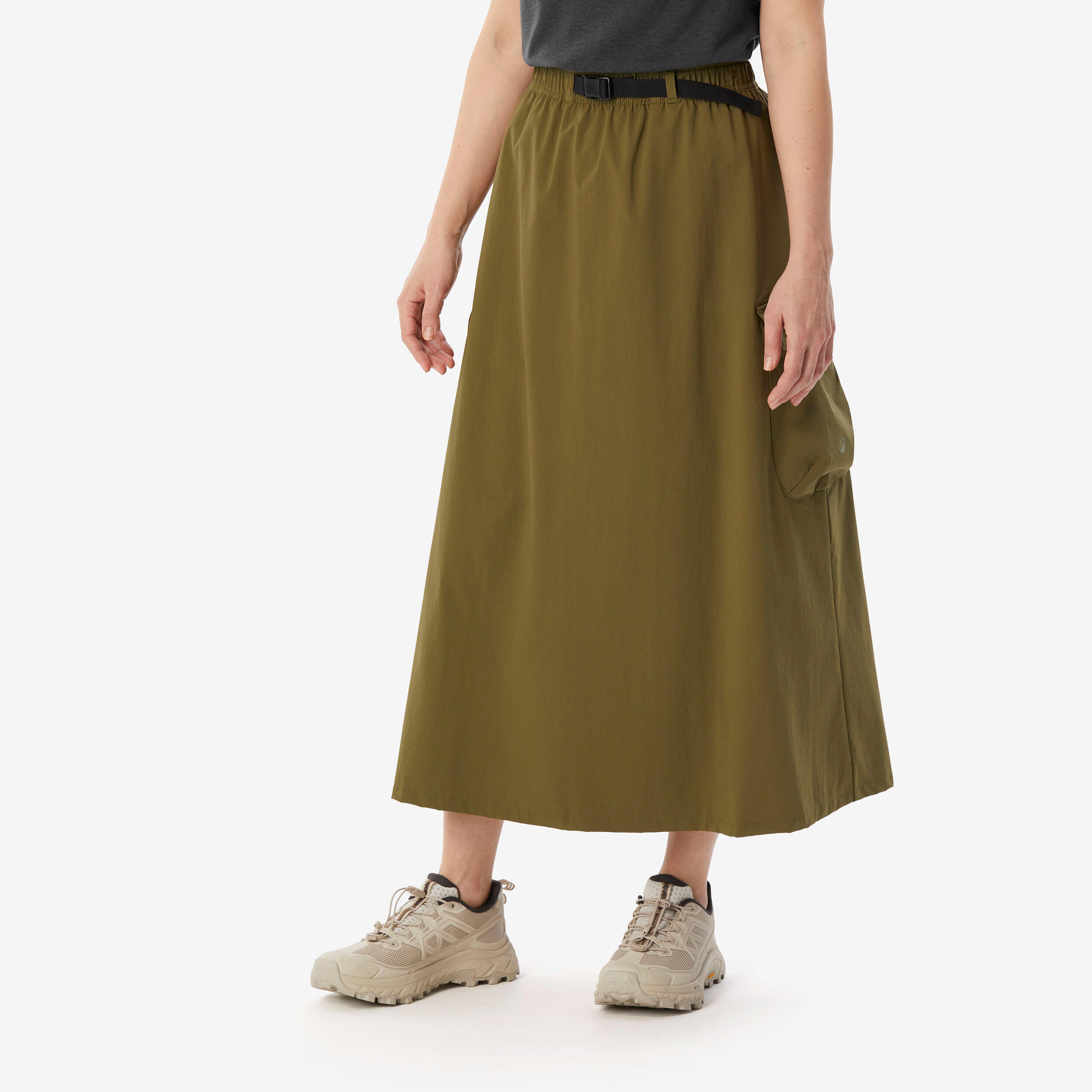 Jupe cargo longue de randonnée évasée, vert kaki femme 4/8