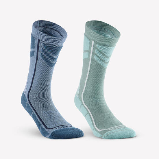 Chaussettes chaudes de randonnée enfant (lot 2 paires) SH500 bleu et vert
