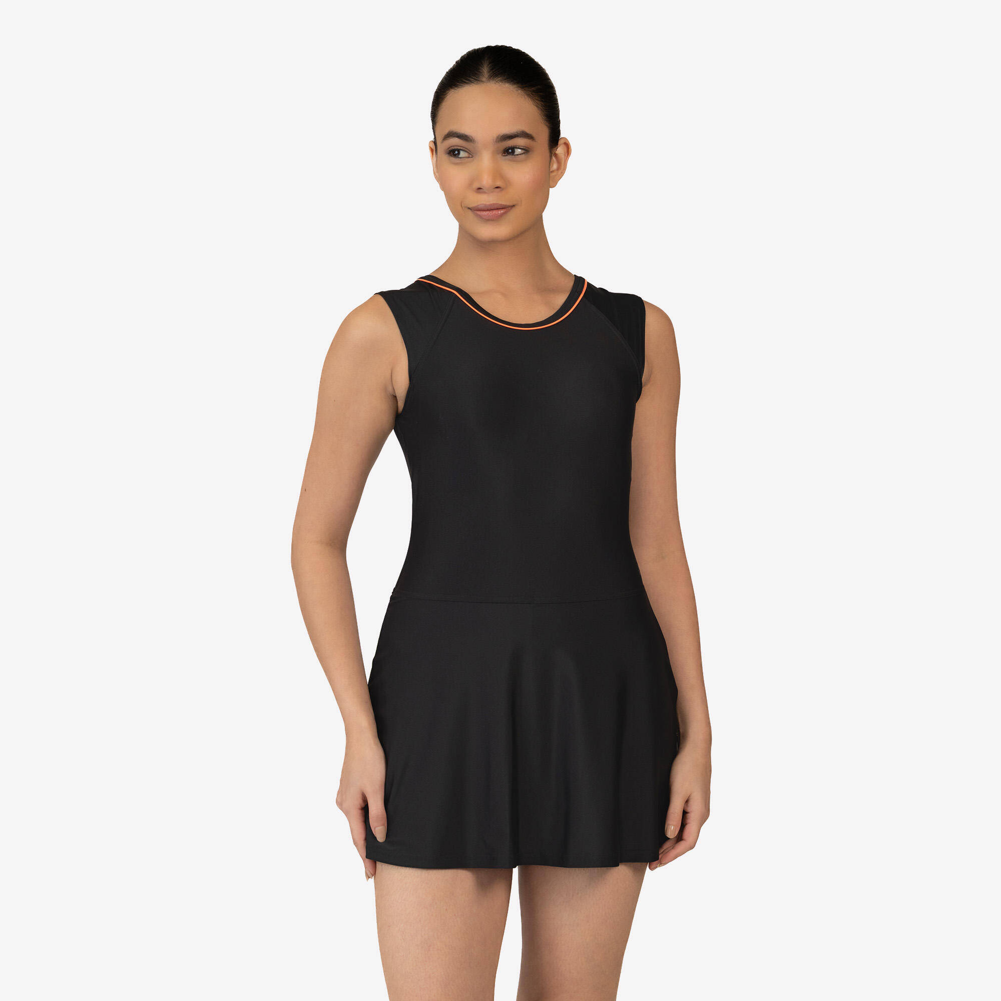 Women Swimming One Piece Sleeves Less Skirt  Swimsuit Una Black -  1