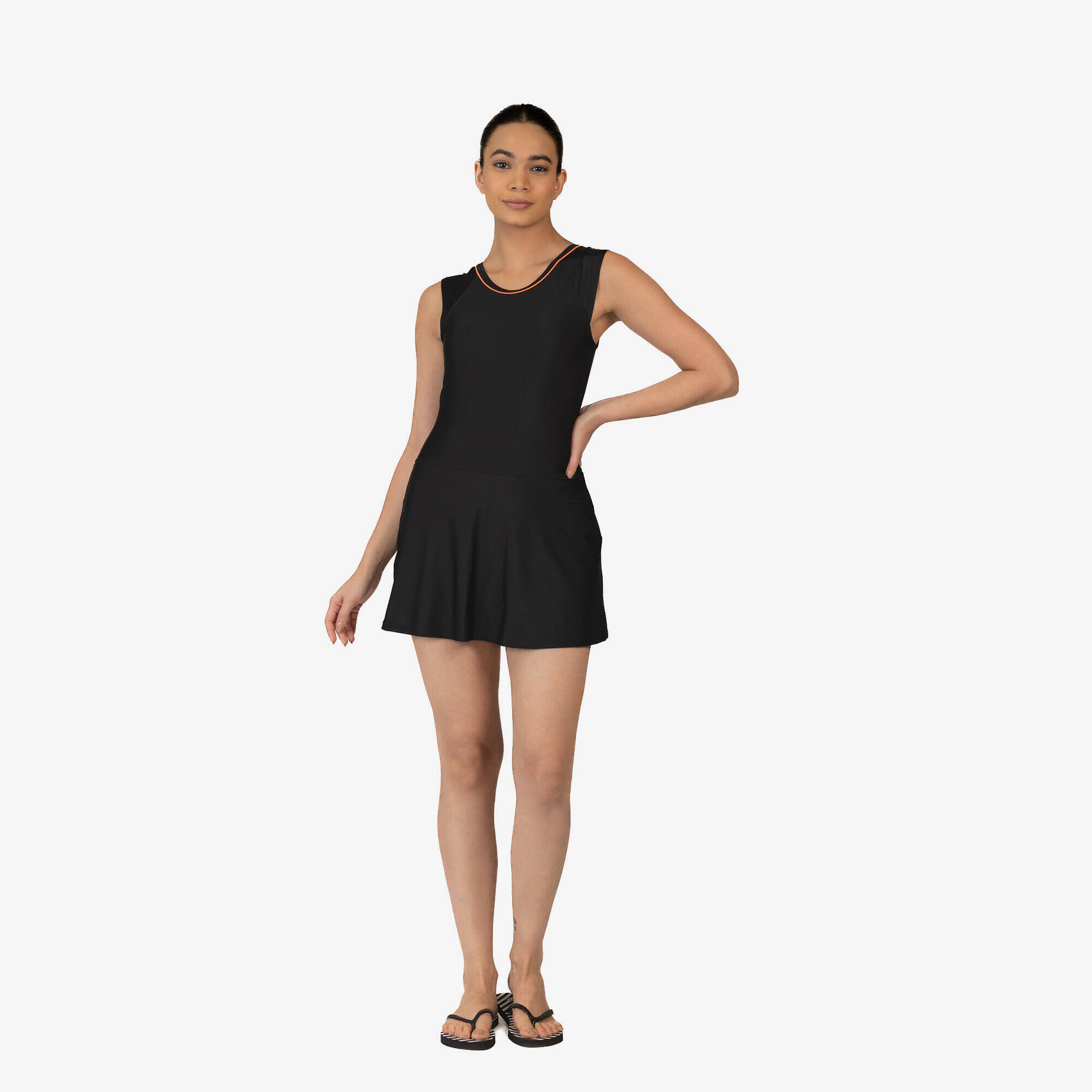 Women Swimming One Piece Sleeves Less Skirt  Swimsuit Una Black -  3