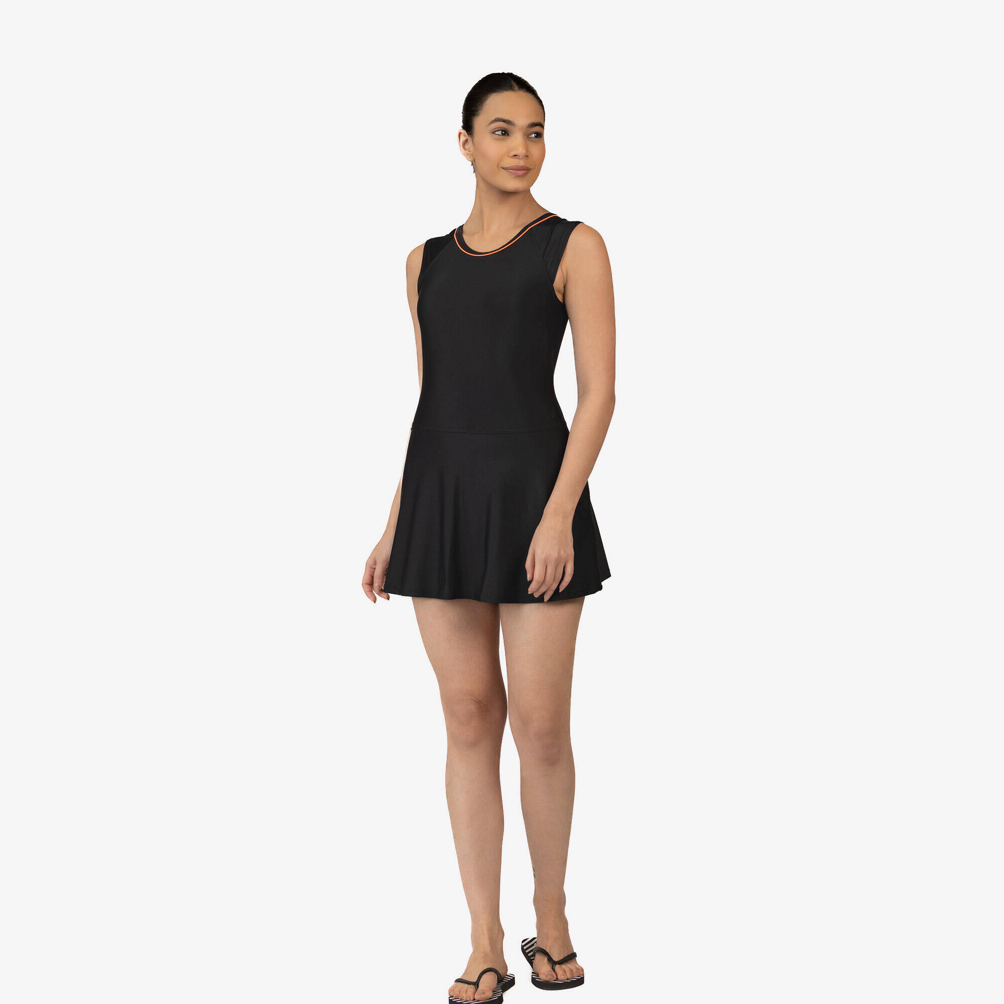 Women Swimming One Piece Sleeves Less Skirt  Swimsuit Una Black -  5