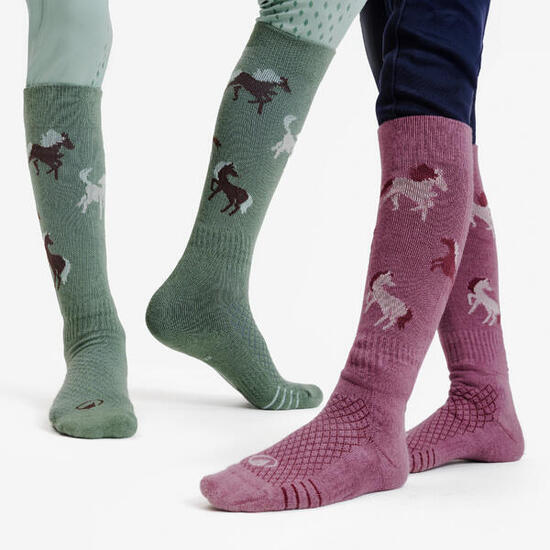 Chaussettes d'équitation enfant sks 500 motifs - vert / violet