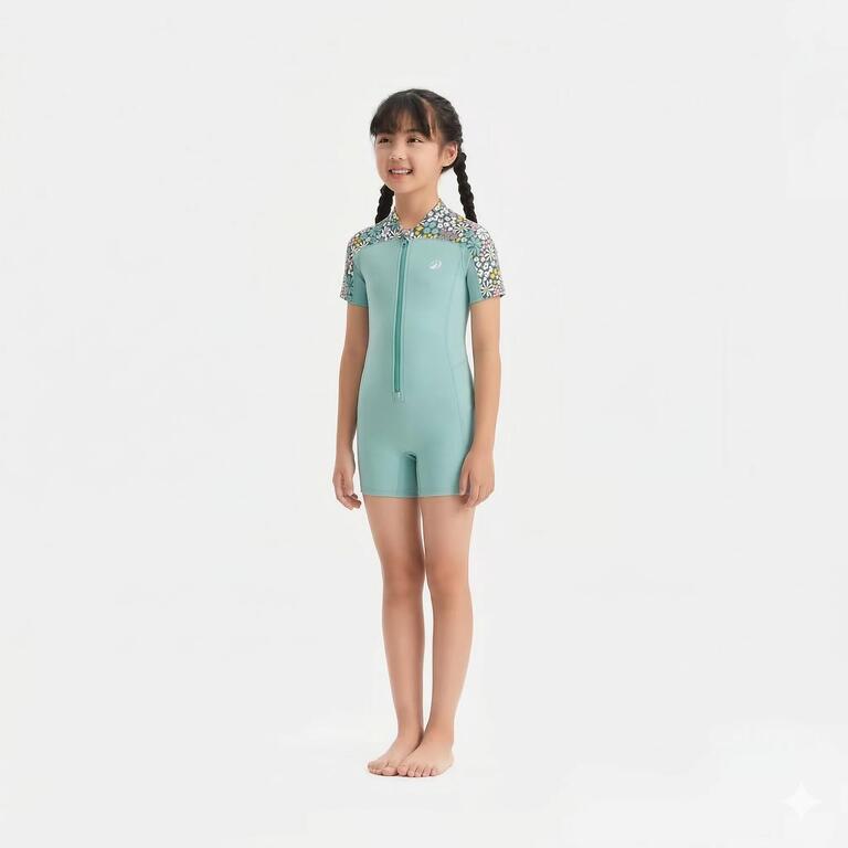 Girls’ swimming shorty full-body swimsuit, Una pantail mint