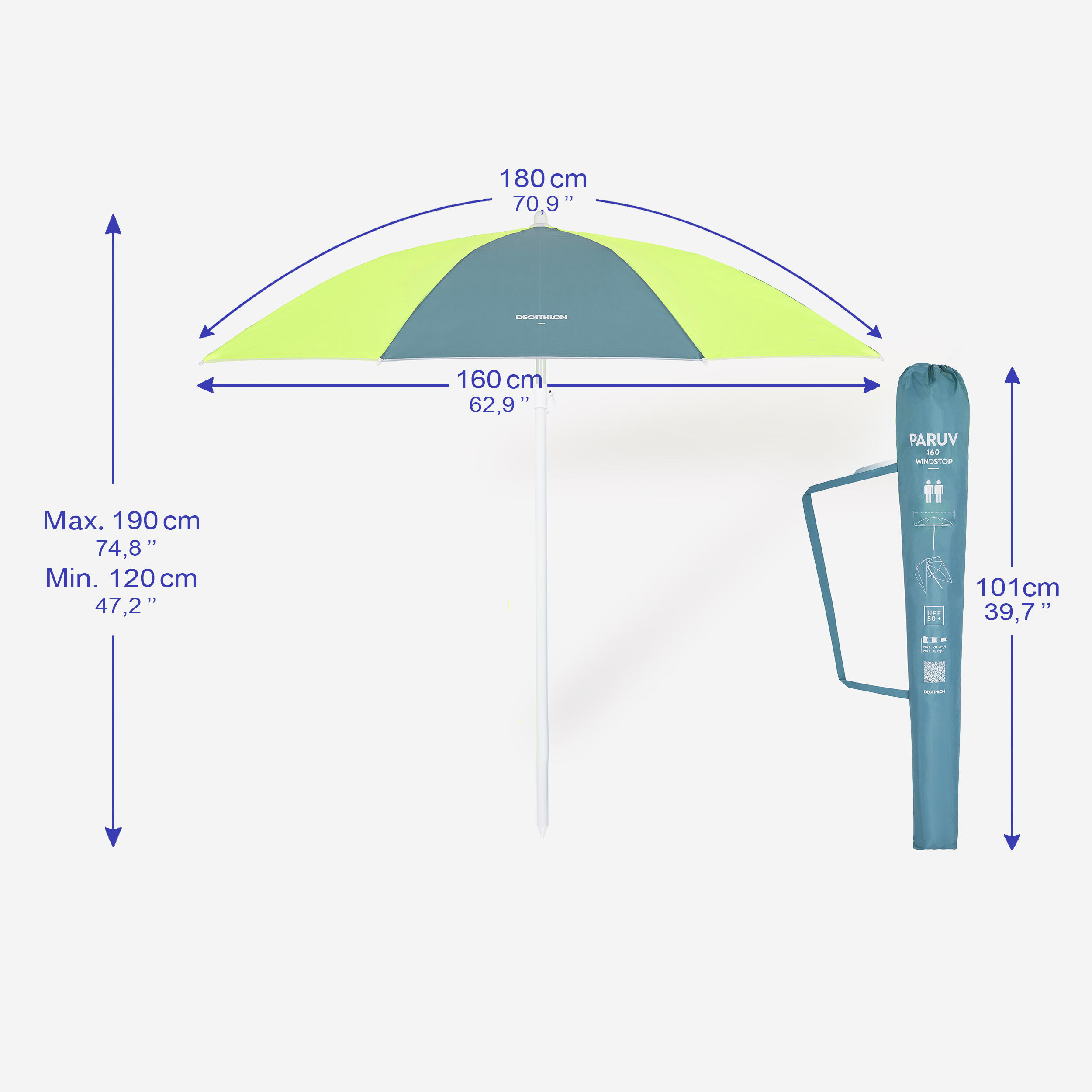 Parasol de plage anti-UV FPRUV 50+ à 2 places – Paruv 160 - DECATHLON