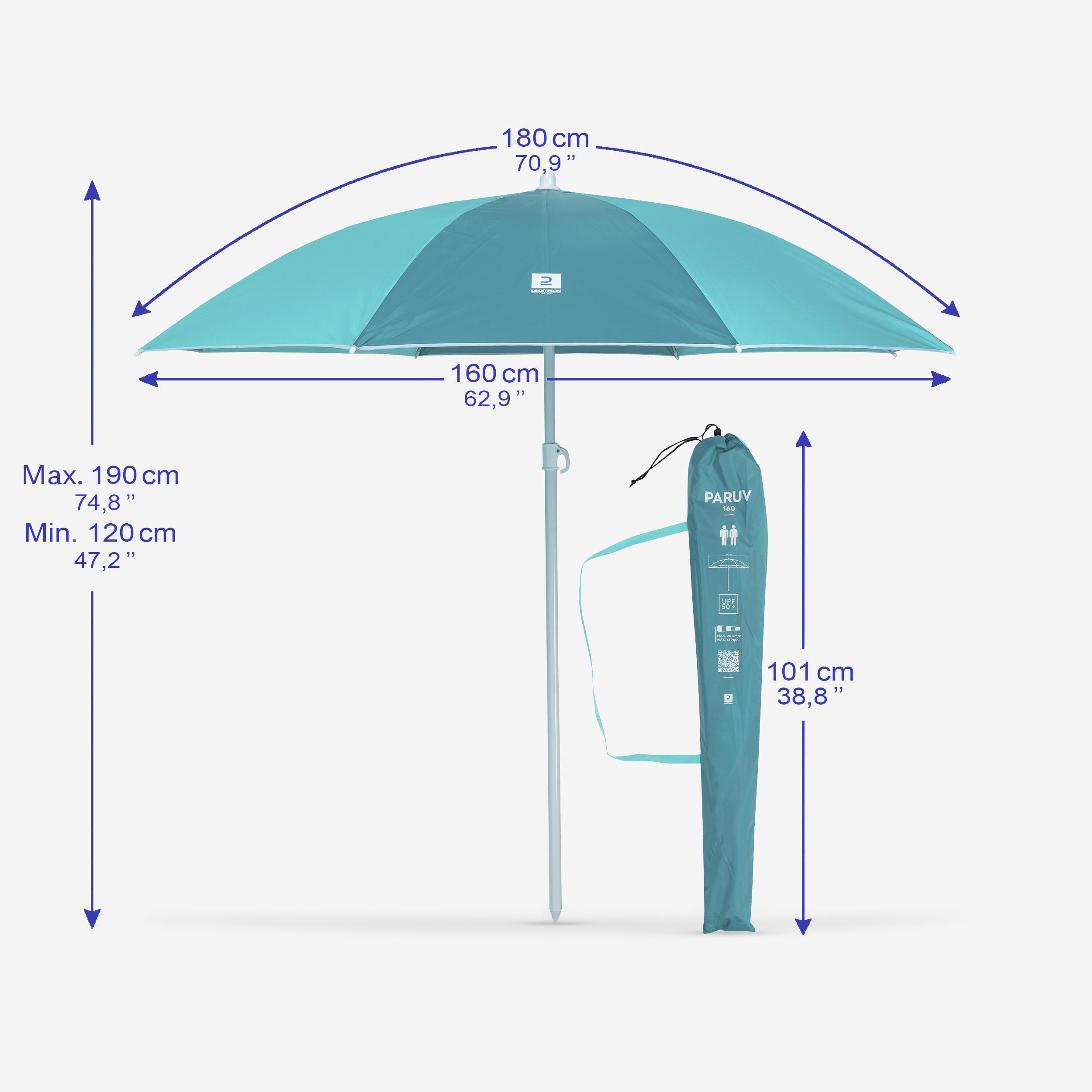 Parasol de plage anti-UV FPRUV 50+ à 2 places – Paruv 160 - DECATHLON