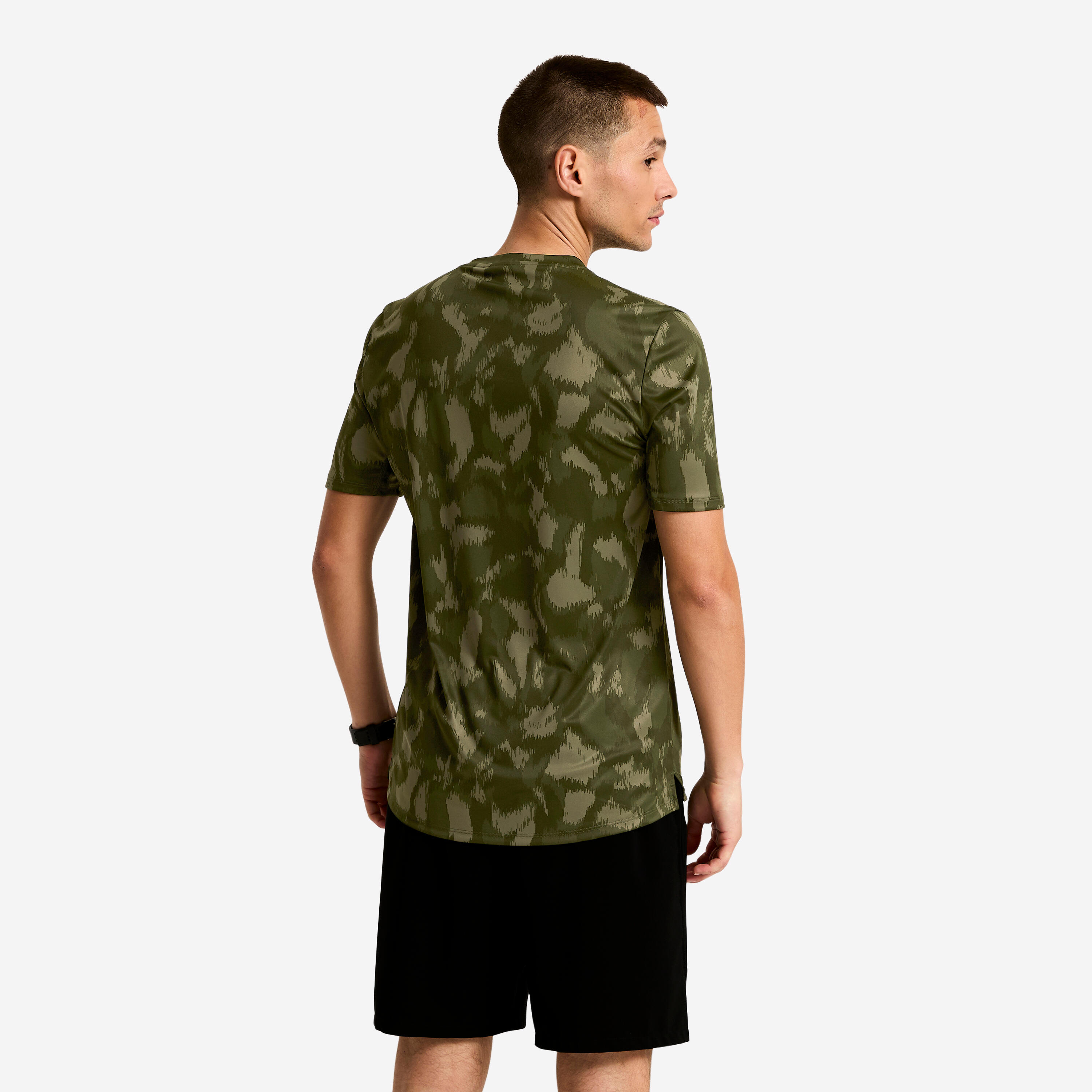 Fitness-T-Shirt kurze Ärmel, atmungsaktiv, Rundhalsausschnitt, Herren, khaki 3/5