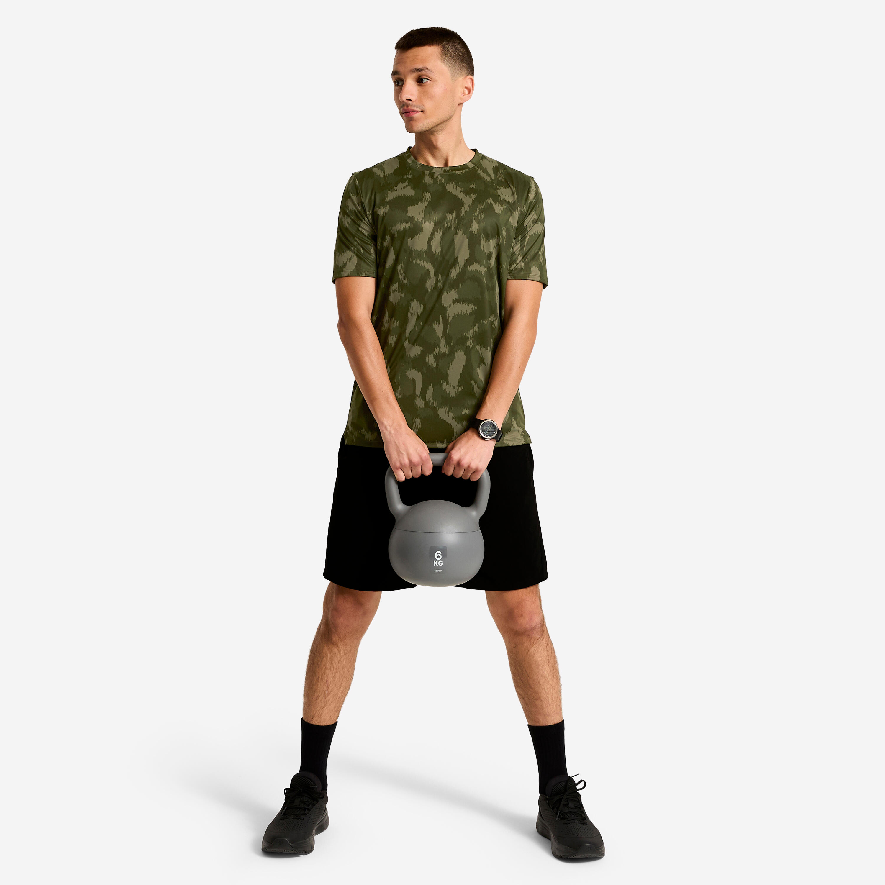 Fitness-T-Shirt kurze Ärmel, atmungsaktiv, Rundhalsausschnitt, Herren, khaki 2/5
