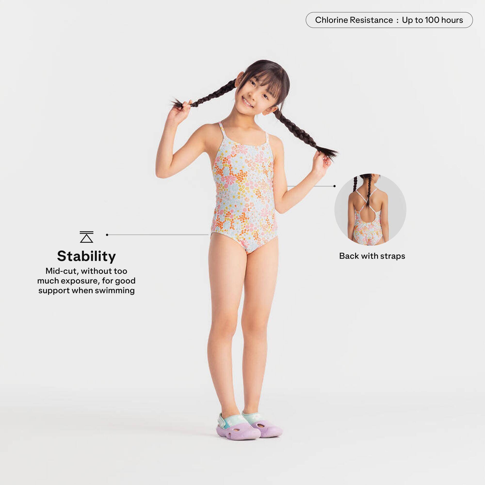 Girls' 1-Piece Swimsuit 100 Lila Pantai Secure Fit & Quick-Dry White -  3