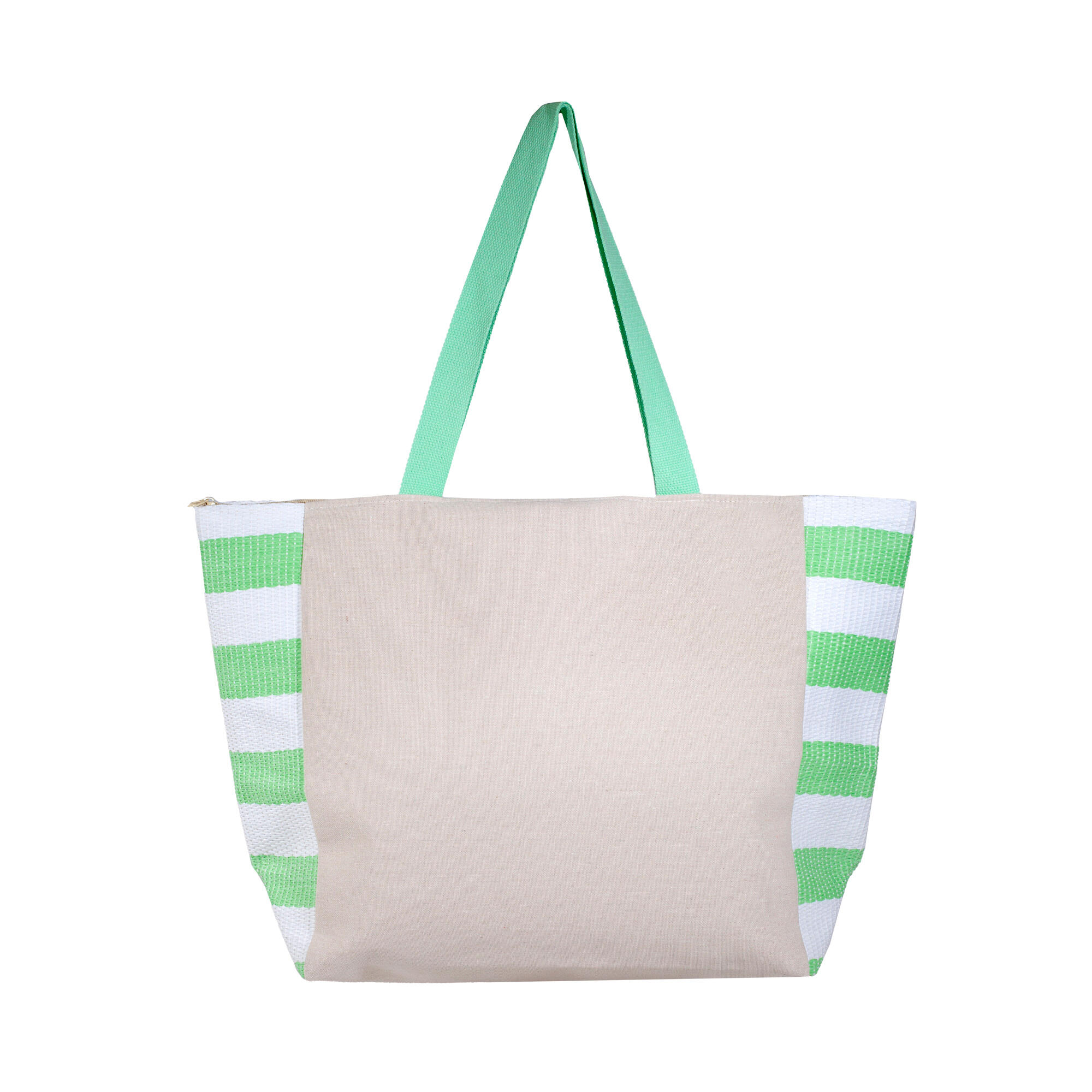 Saco de Praia Tela em Cru e Riscas em Branco e Verde 1/5