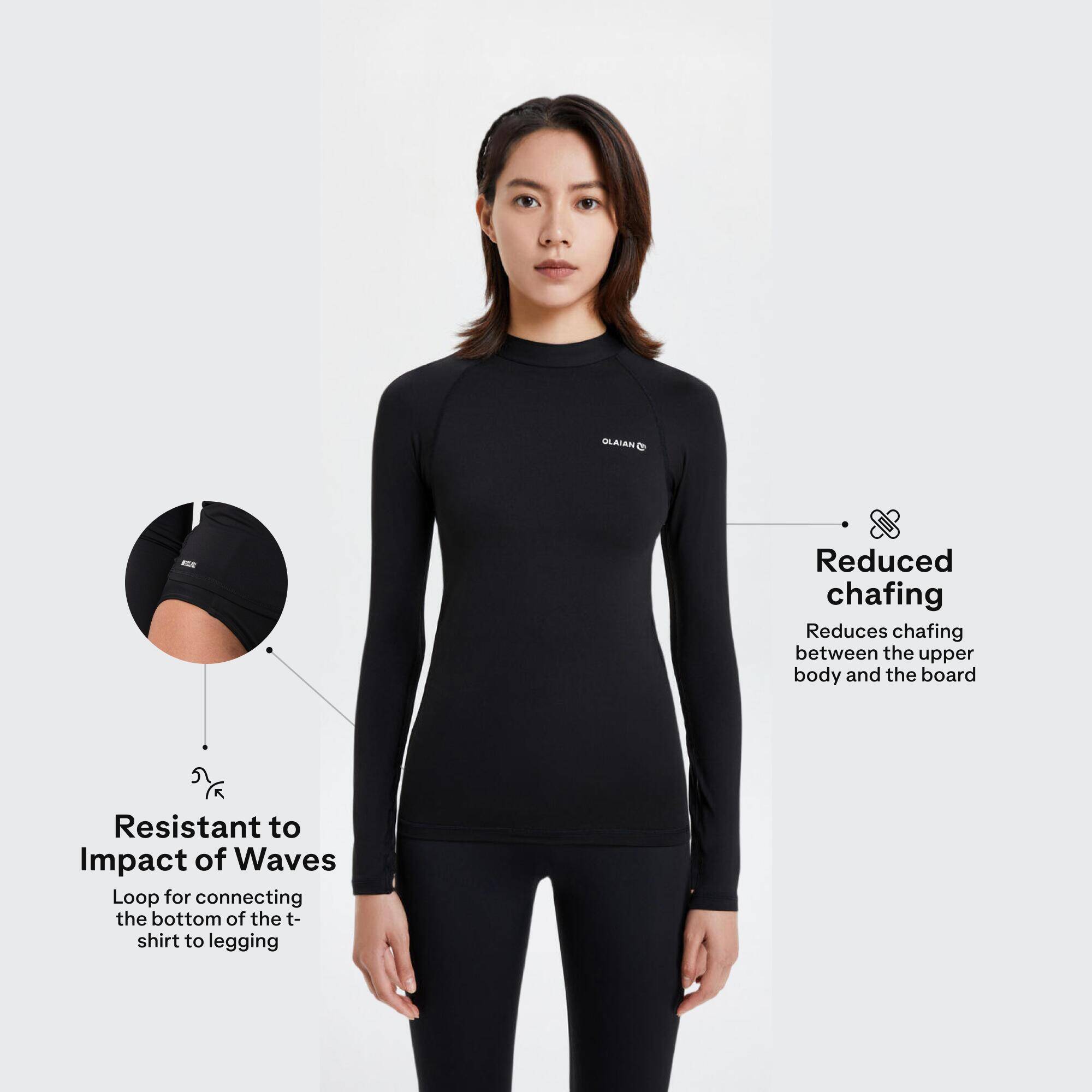 Women Surfing Beachwear T shirt Long Sleeve UV Protection UPF50+ Black -  3