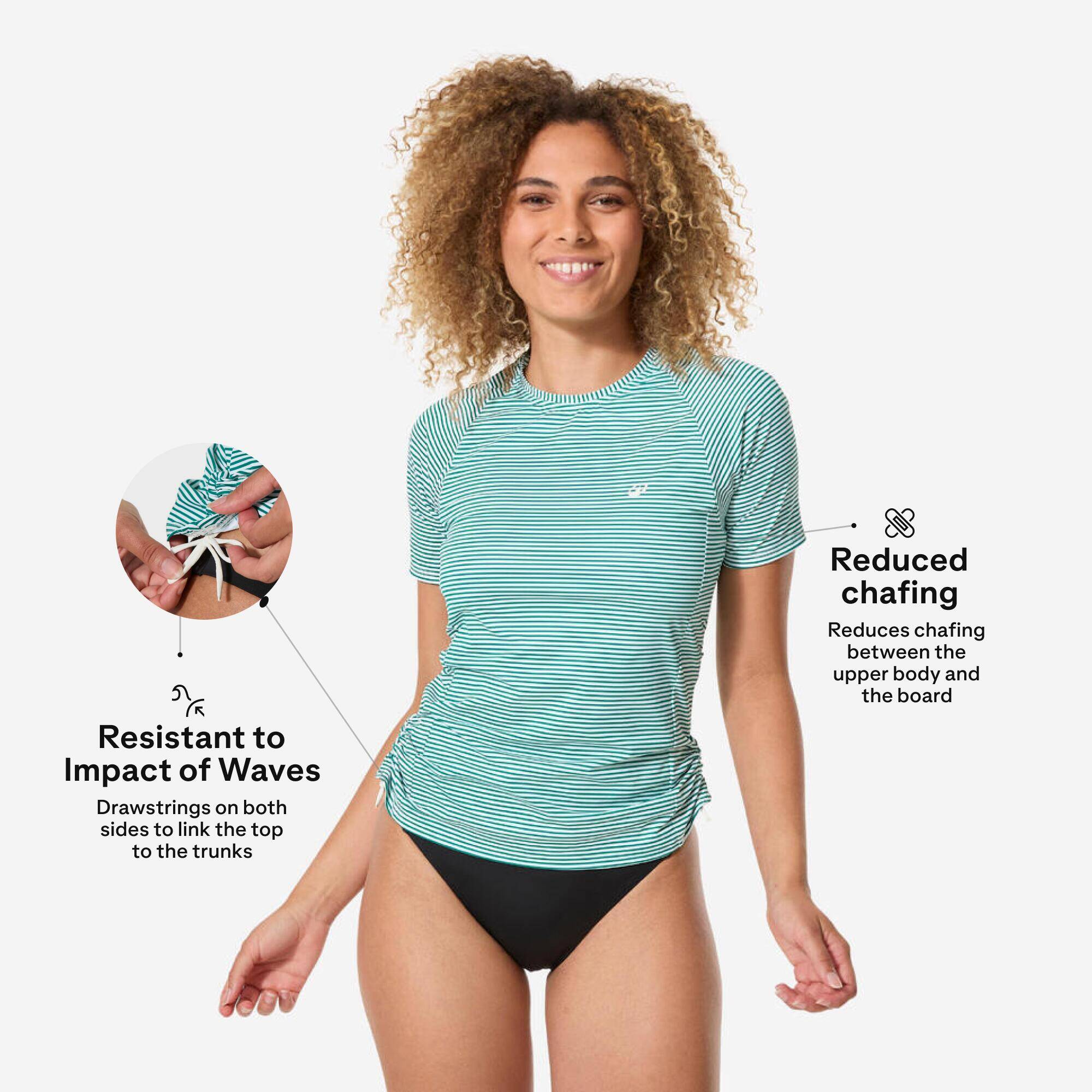 Women’s surfing short sleeve UV-protection t-shirt, Kanika striped green -  3