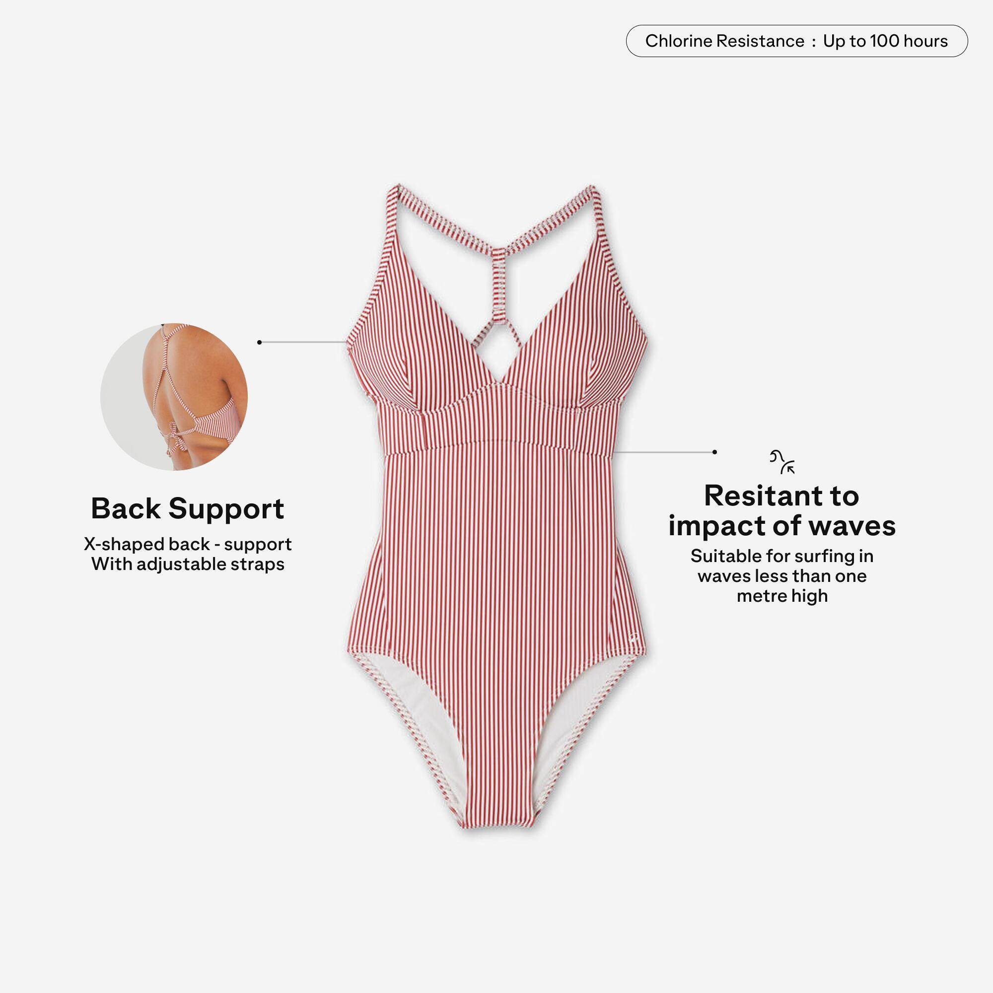 Women’s surfing striped 1-piece swimsuit - Bea red and white -  3