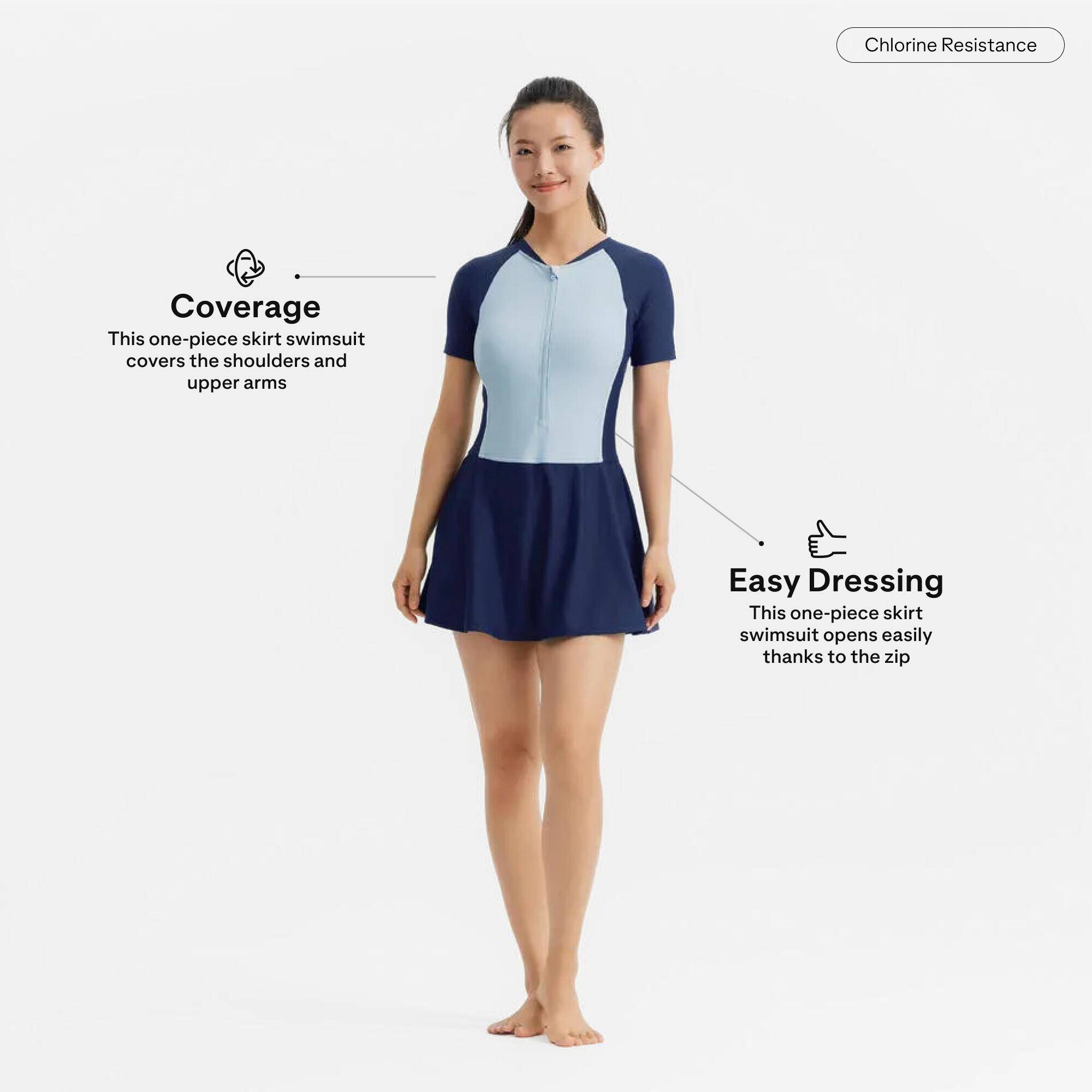 Women Swimsuit Skirt Short Sleeved with Zip Secure Fit 1P UNA - Navy/Blue -  3