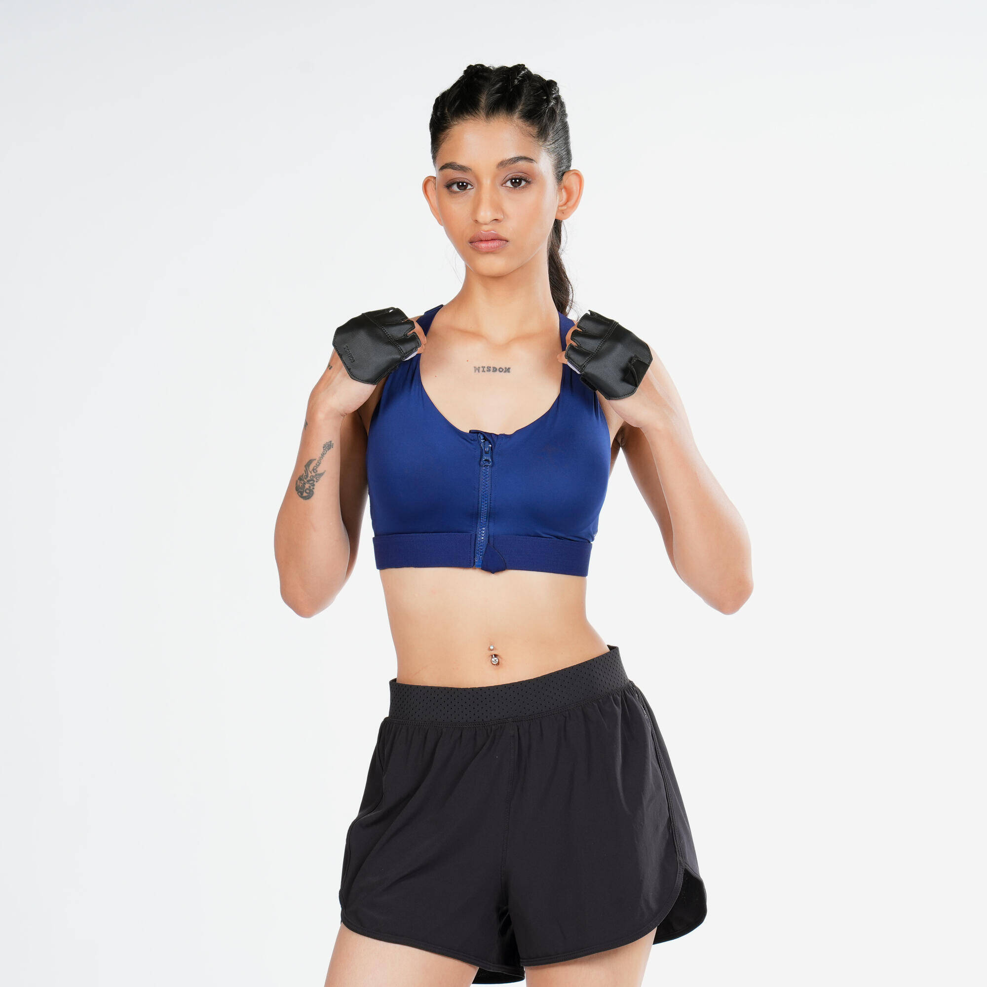 Women's High Support Zipped Sports Bra with Cups - Blue