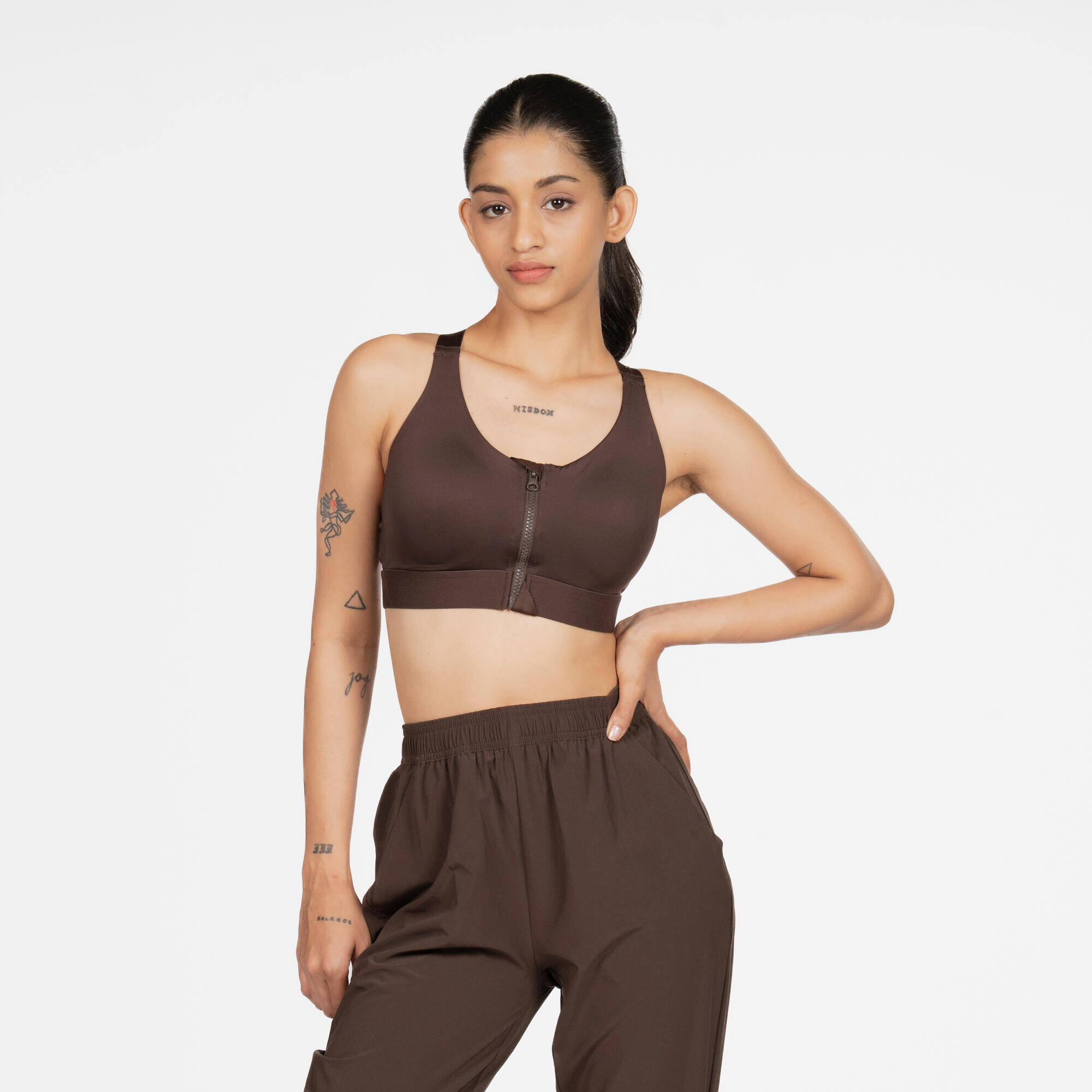 Women's High Support Zipped Sports Bra with Cups - Ochre
