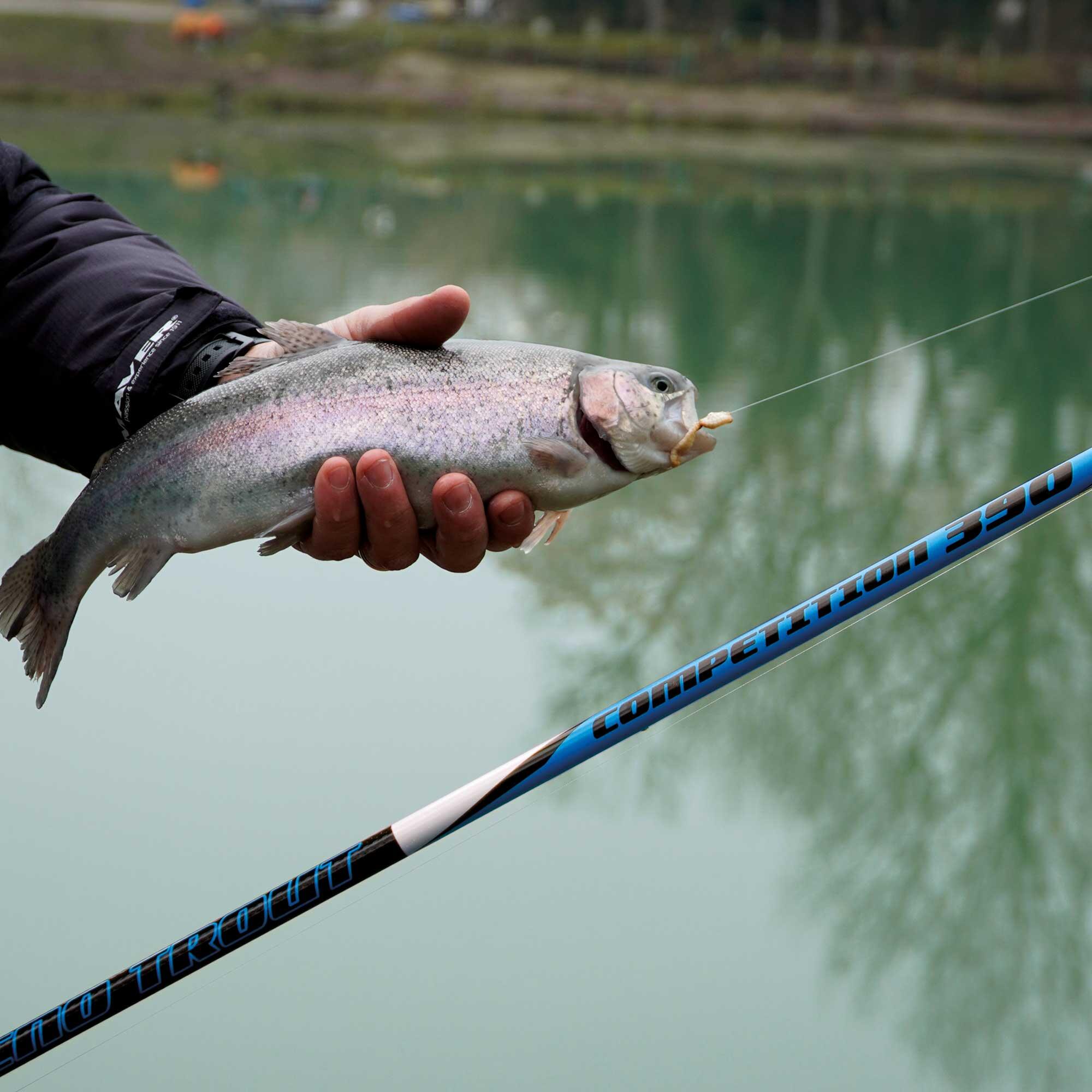 Canna pesca trota lago striscio Maver TECNO TROUT azione 4 4,1m 8/15g carbonio 5/5