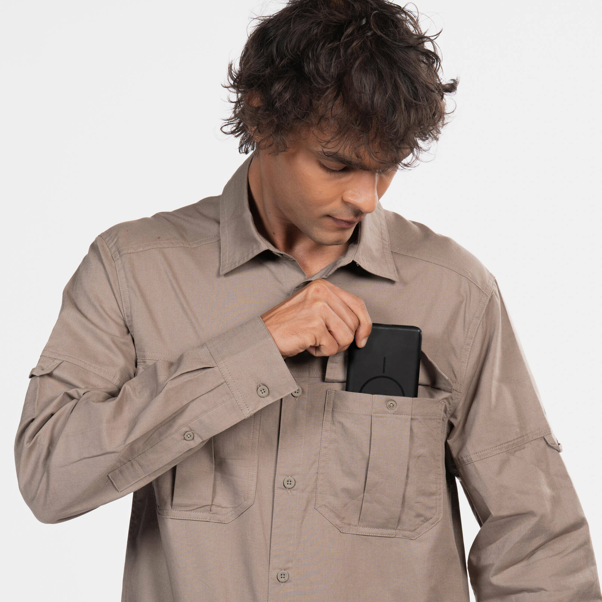 Men’s UV-protection lightweight long sleeve hemp shirt 500 beige -  4