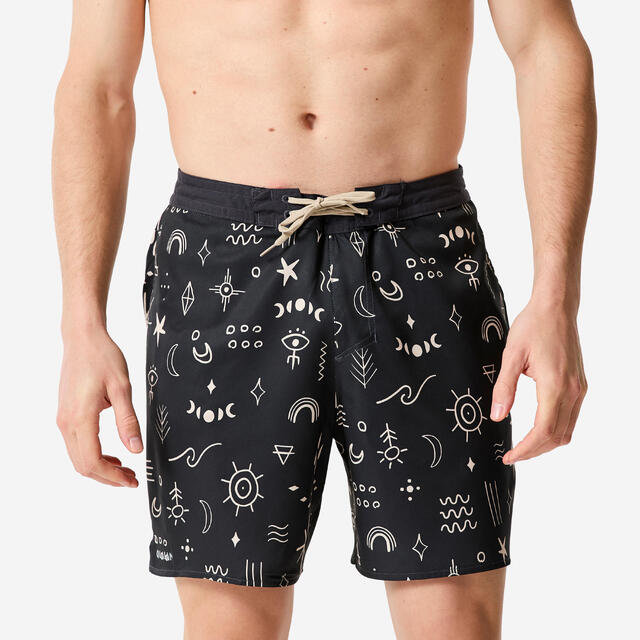 Boardshort Surf-Badeshorts mittellang 18" Herren, 100 Symbol schwarz