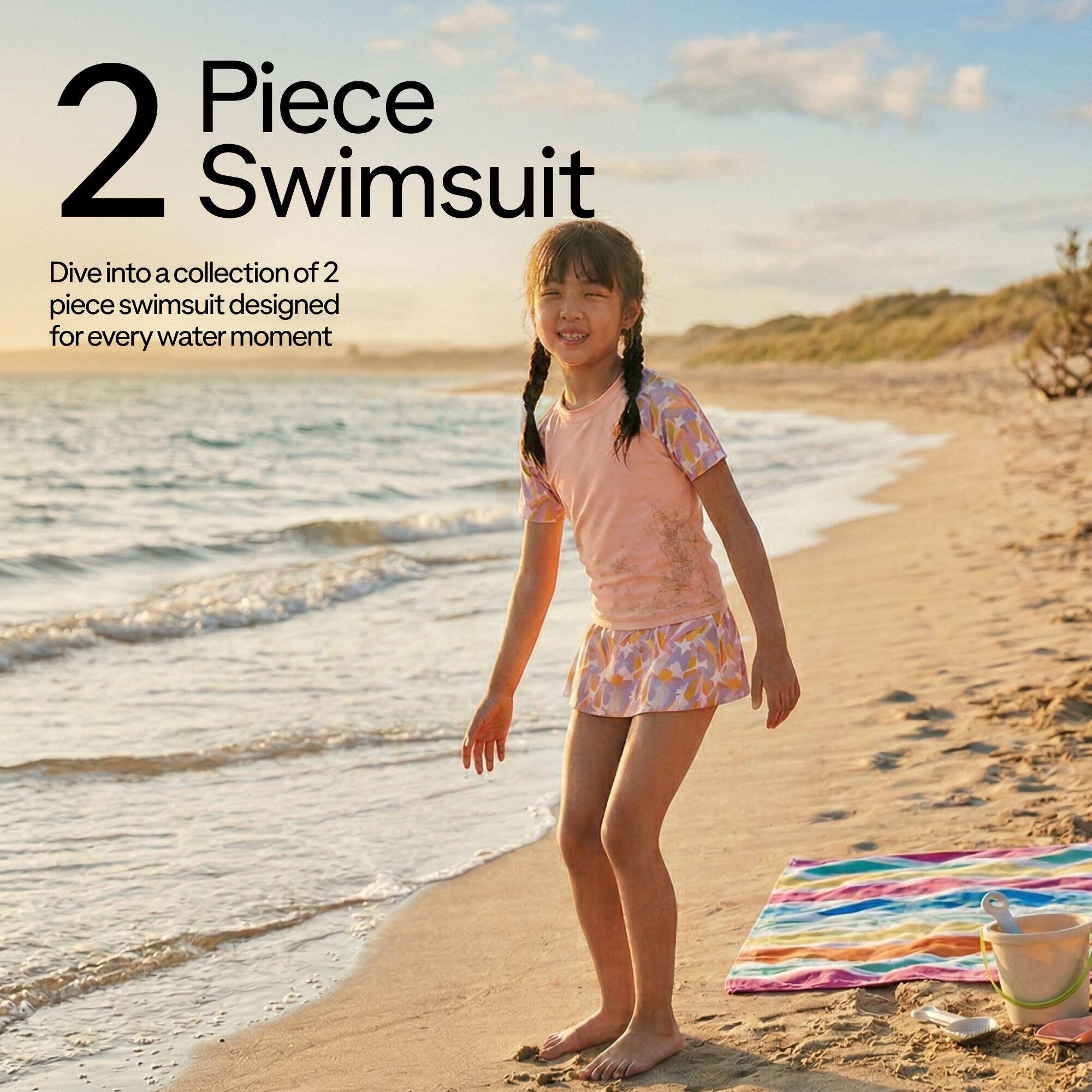Girl swimming two-piece skirt swimsuit - PINK STAR -  4