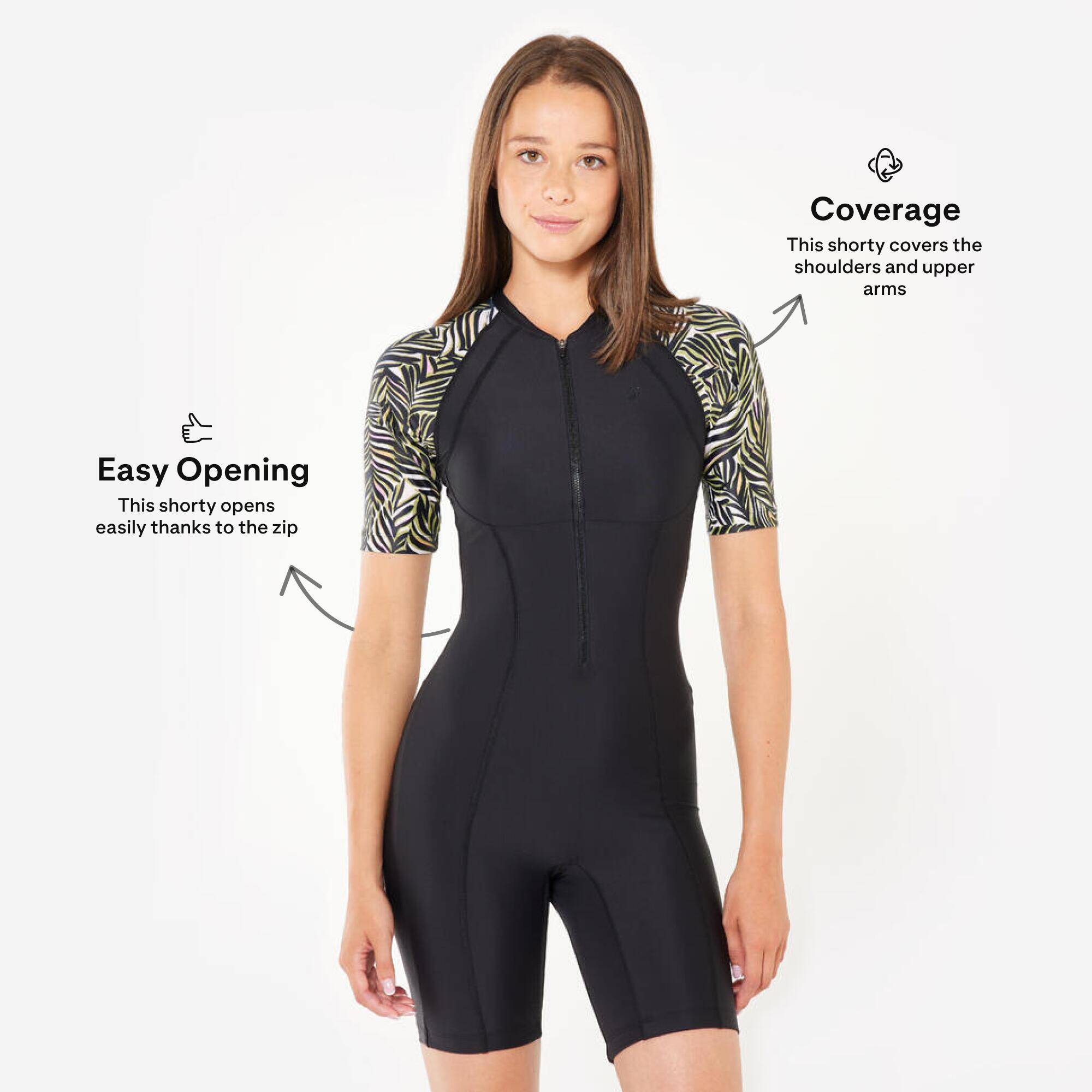 One-piece shorty swimsuit with zip and fixed pads black with print -  4