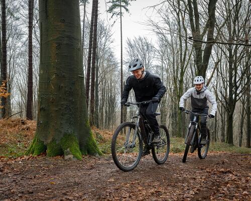 2 homens a pedalar em btt no meio de árvores